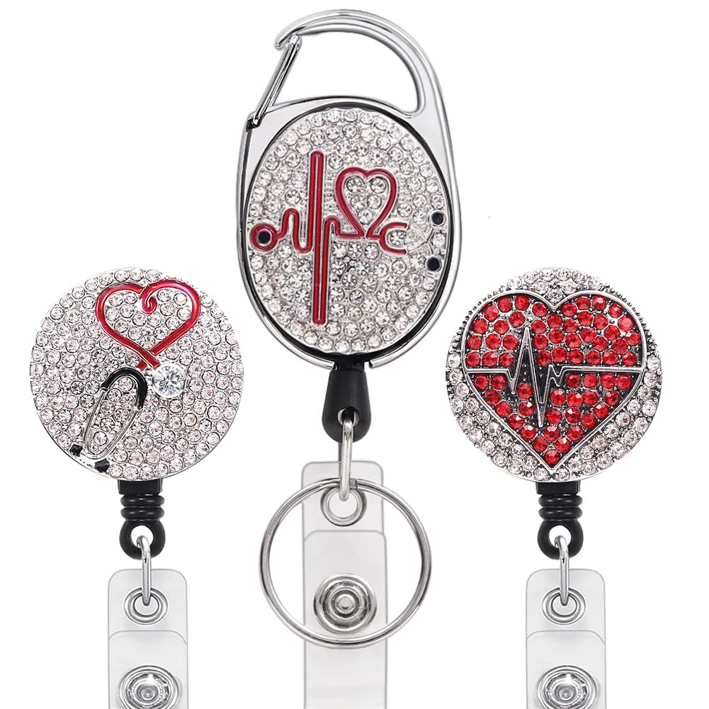3Pcs Bling Rhinestone Nurse Badge Reel Retractable Nurse Id Badge Holder With Alligator Clip,Diamond Heart Badge Reel For Nurse