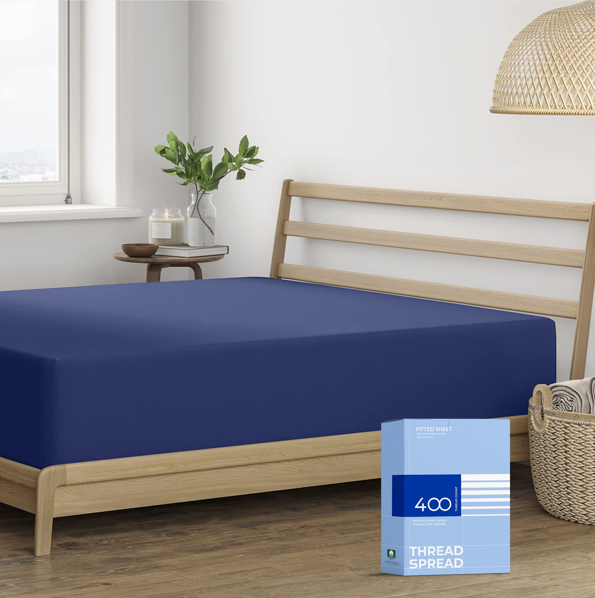 Thread Spread 100% Cotton California King Fitted Sheet Only - 400 Thread Count Cal King Sheets Deep Pocket Fitted, Cooling Satee