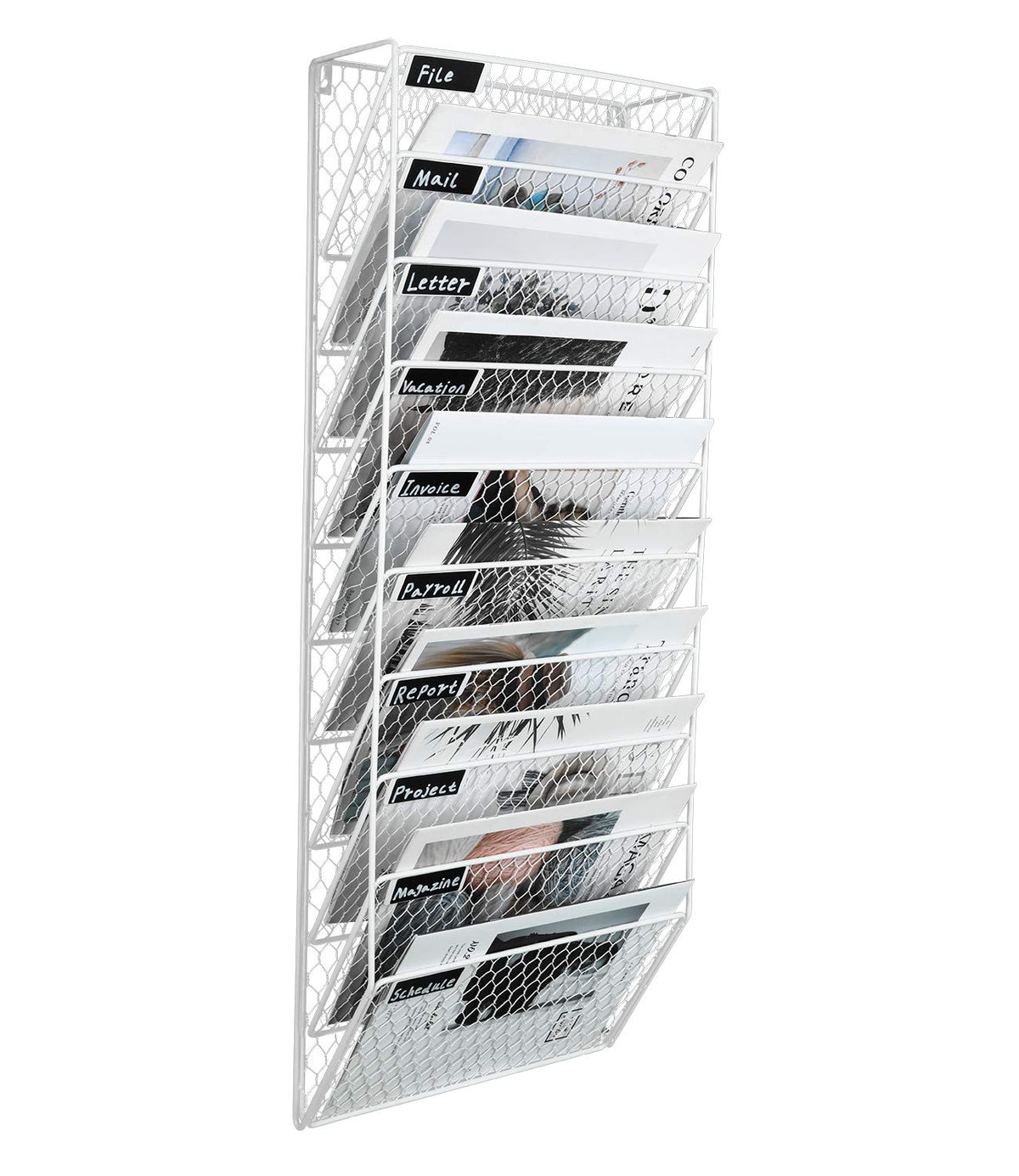Pag 10 Pockets Wall File Holder Wall Mounted Mail Sorter Organizer Metal Chicken Wire Hanging Magazine Rack, White