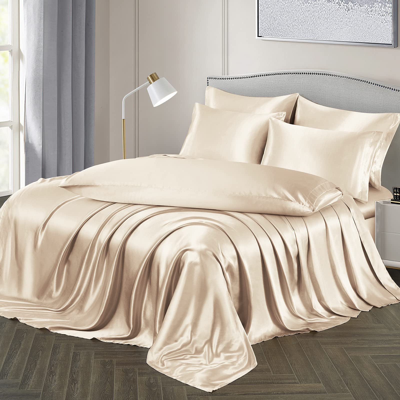 Ersmak 7 Pieces Satin Sheets Set California King Size, Luxury Silky Beige Satin Bed Sheets Set With 1 Deep Pocket Fitted Sheet,