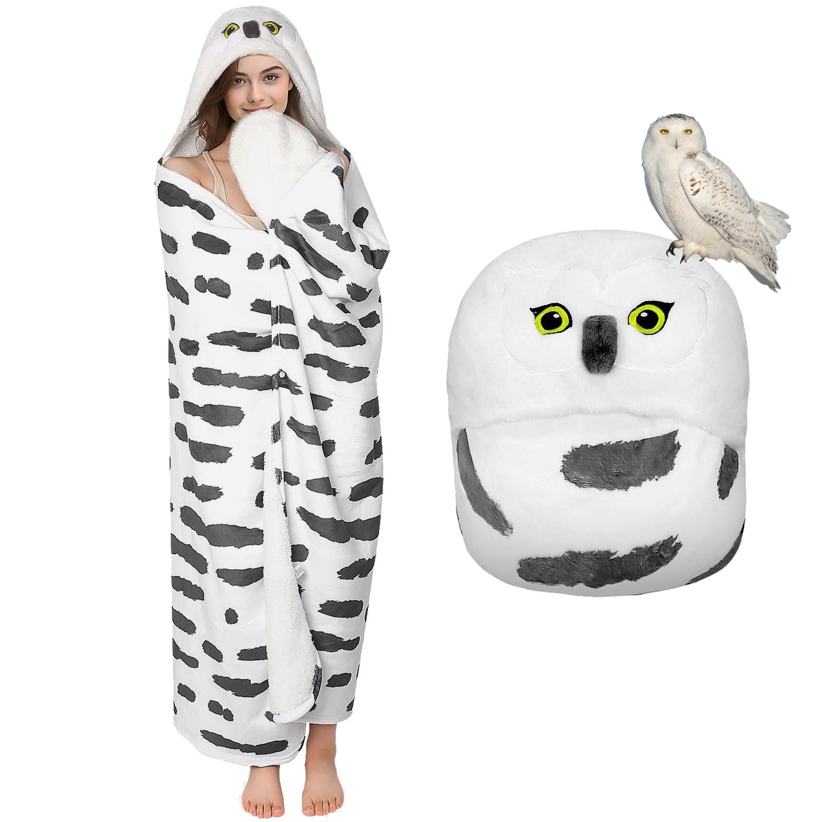 Oversized Blanket Hoodie for Women, Wearable Hooded Blanket for Adults, Soft Fleece Throw Blanket Snuggle Blanket Snowy Owl Gift