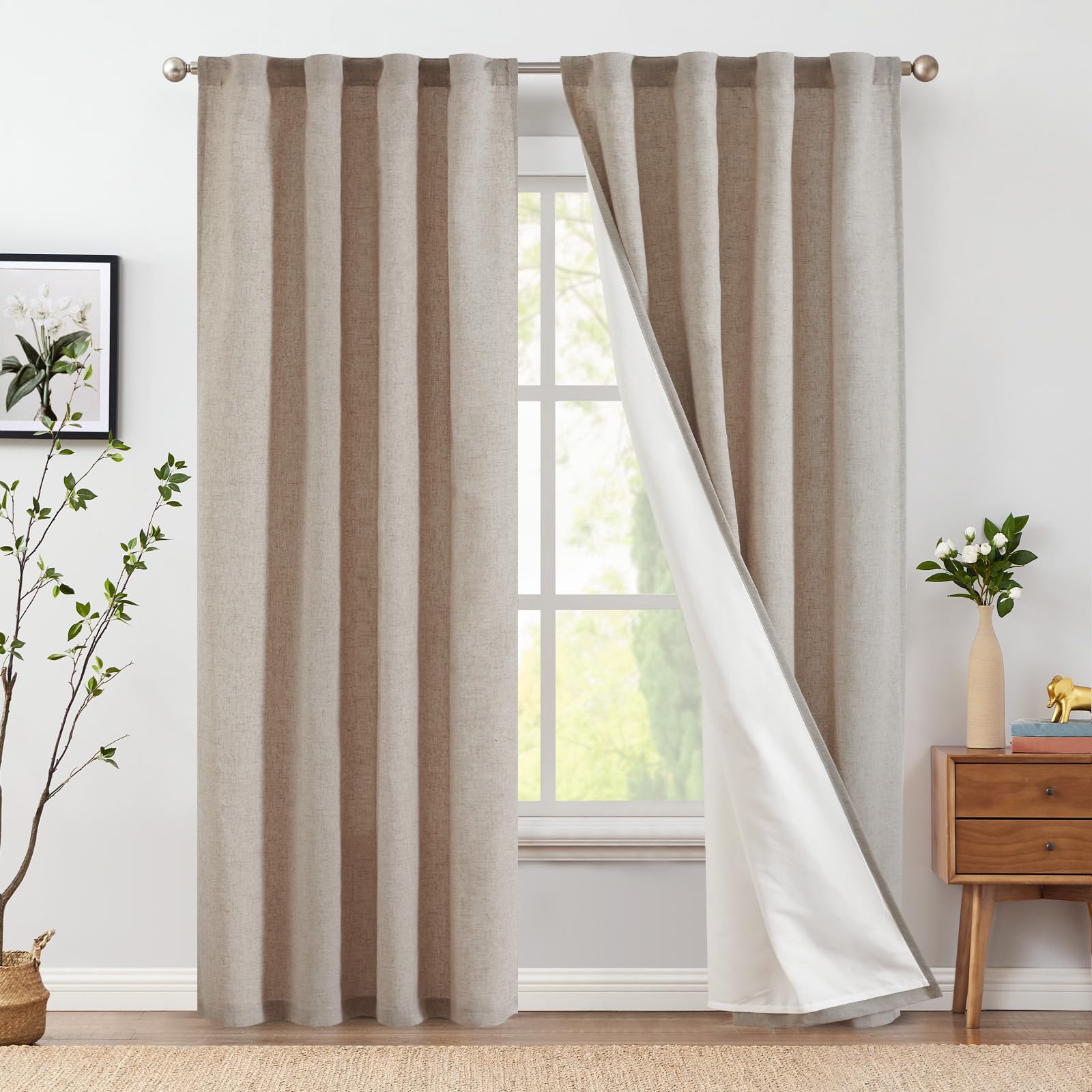 Jinchan Linen Blend Taupe Curtains 84 Inch Long For Living Room Farmhouse Rod Pocket Back Tab Light Filtering Window Drapes With Lined For Bedroom Taupe 2 Panels