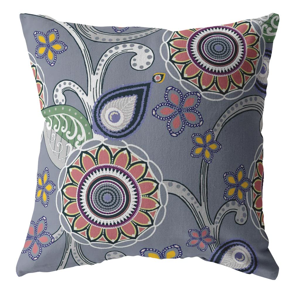 HomeRoots Red, Orange, Blue, Green On Gray 16â€ Gray Pink Floral Suede Throw Pillow