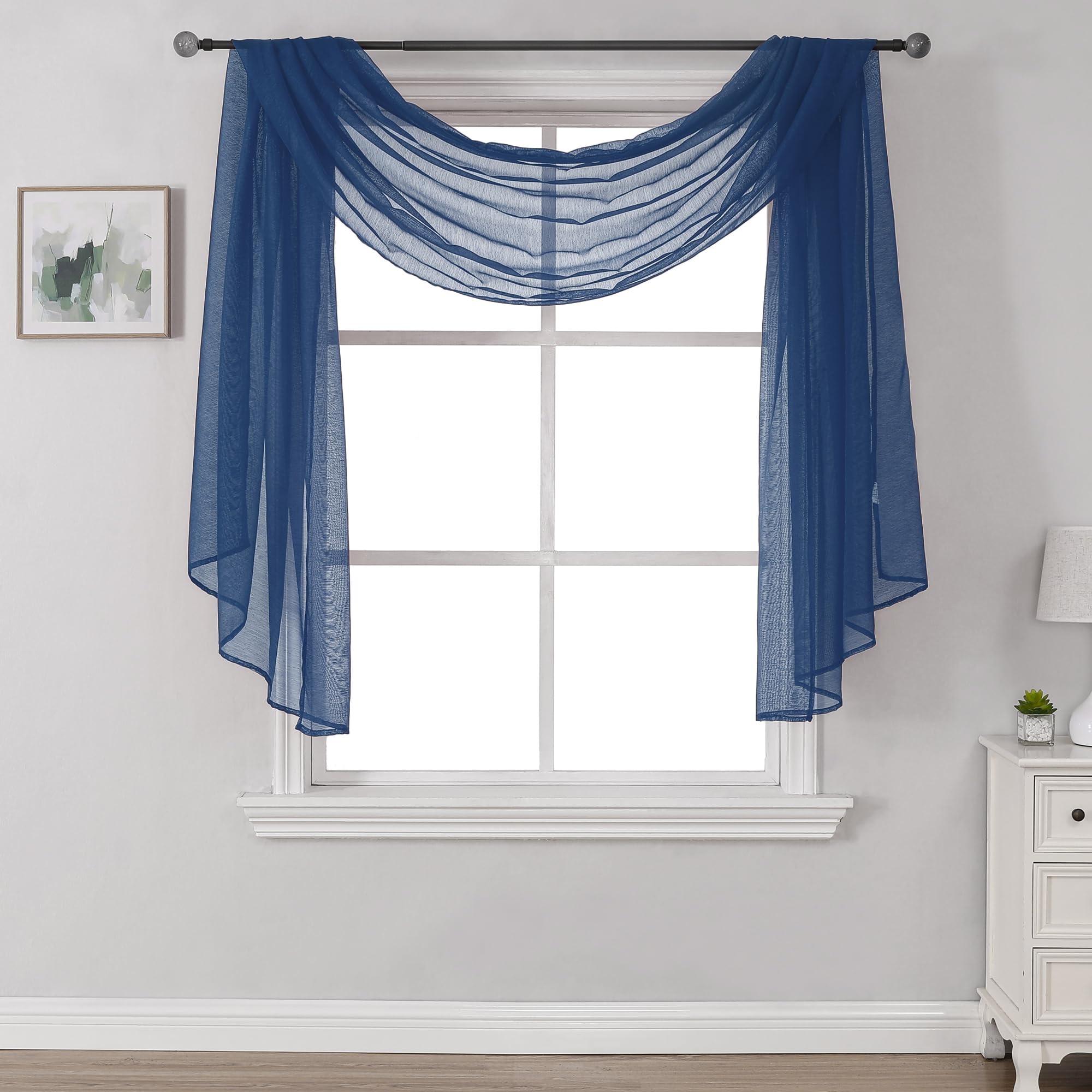 Donren Dark Blue Window Scarf For Home Decor -Luxury Look Sheer Scarf 52 Inches Wide By 144 Inches Long,Navy Blue