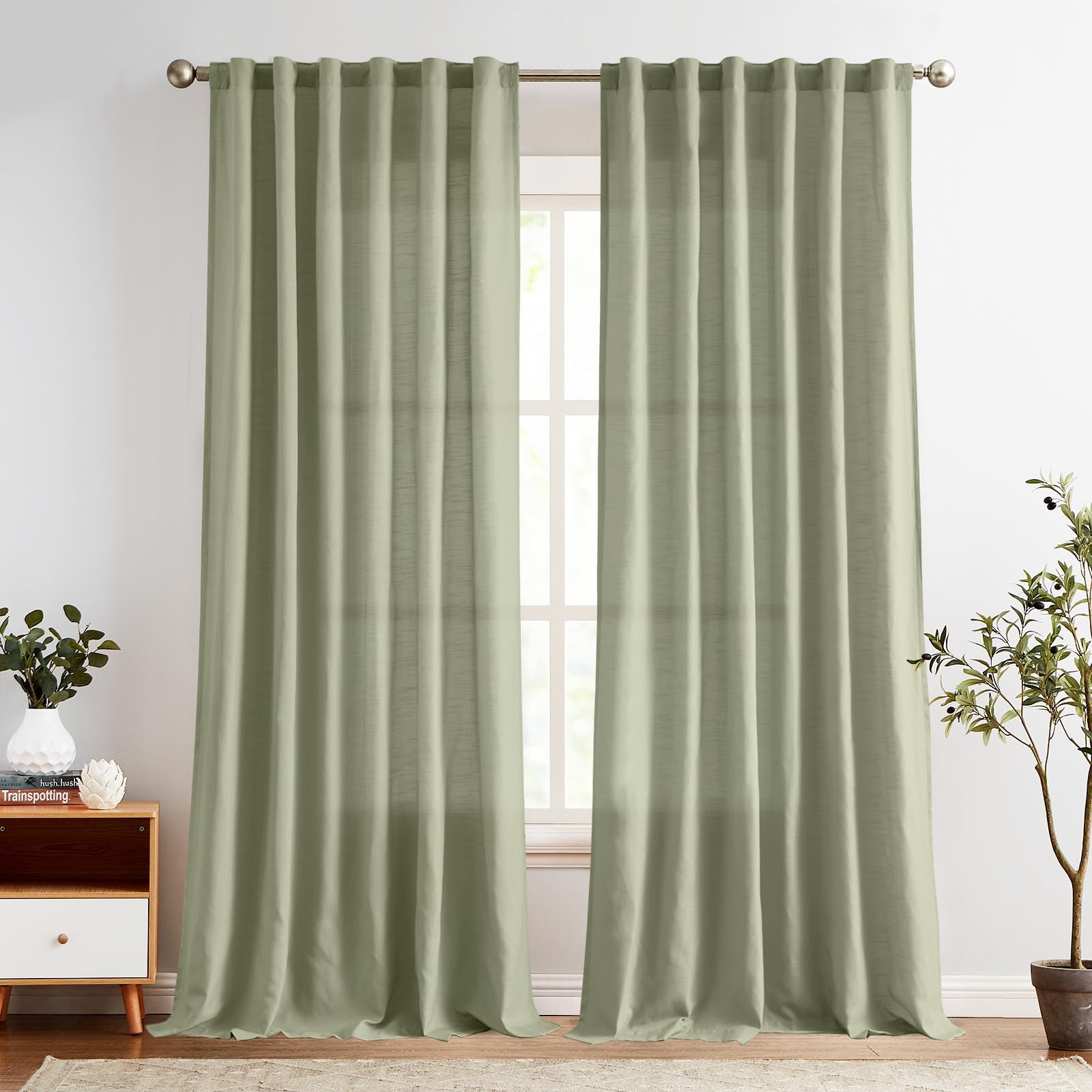 Jinchan Linen Blend Curtains 108 Inches Extra Long For Living Room Farmhouse Rod Pocket Back Tab Light Filtering Window Drapes 2 Panels For Bedroom Patio Door Curtains Sage Green 2 Panels