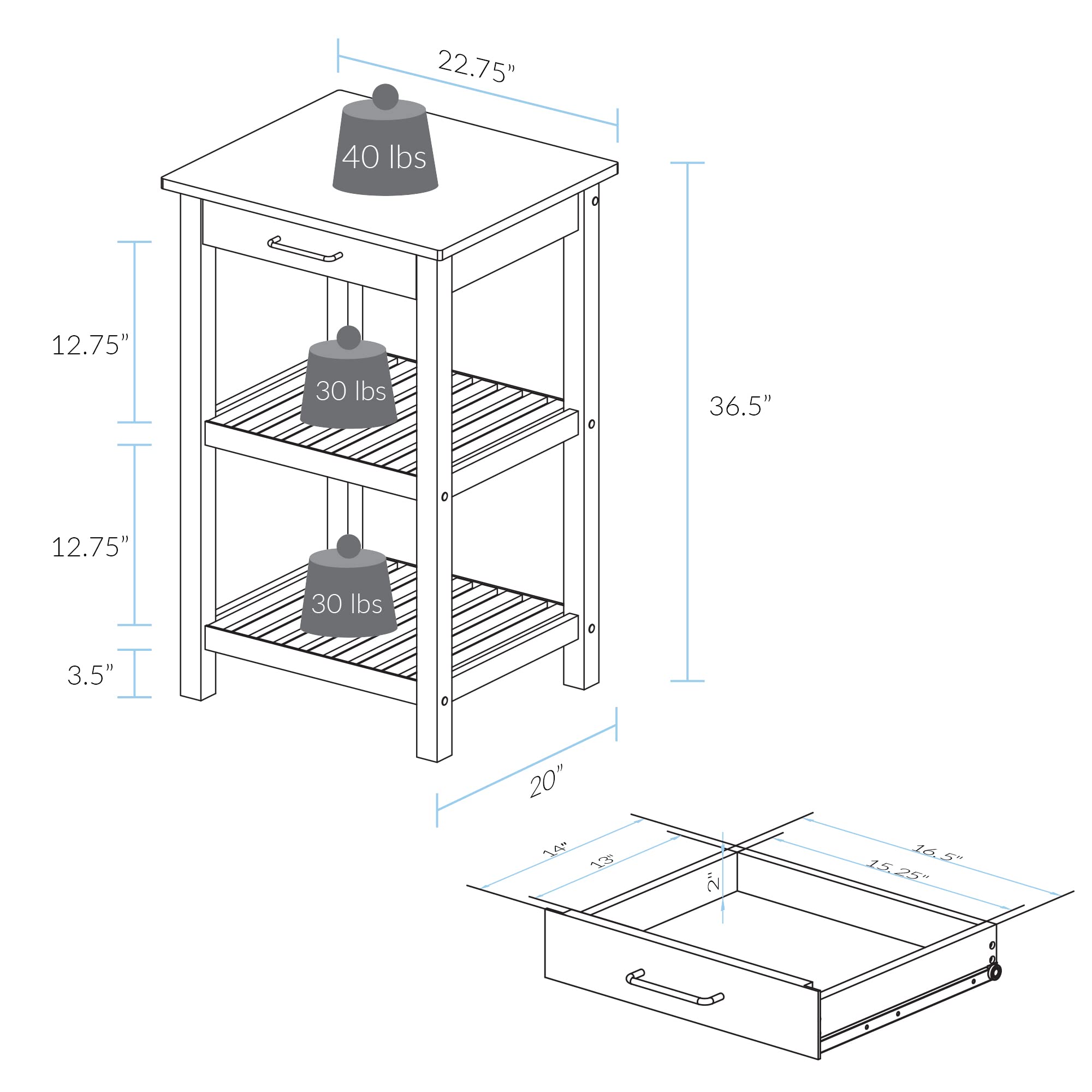 Casual Home Sunrise (Small) with Solid Harvest Hardwood Top Kitchen Island, 22.75"W, Natural&White