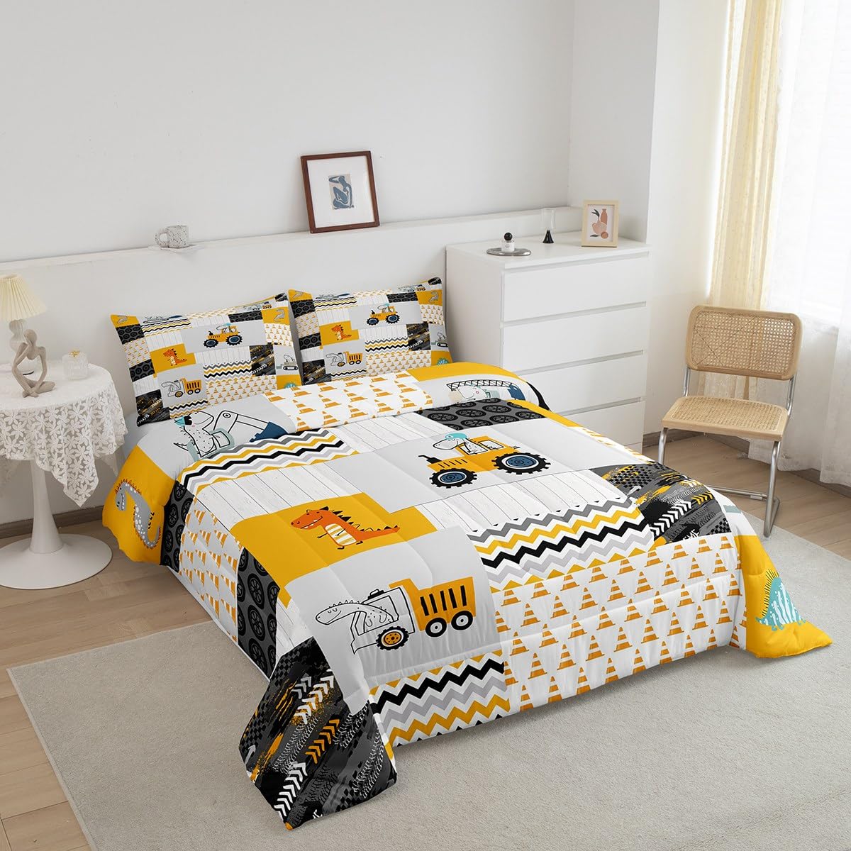 Construction Comforter Set Full Size Kids Cartoon Car Excavator Tractor Toddler Comforter Equipment Trucks Plaid Grid Yellow Com