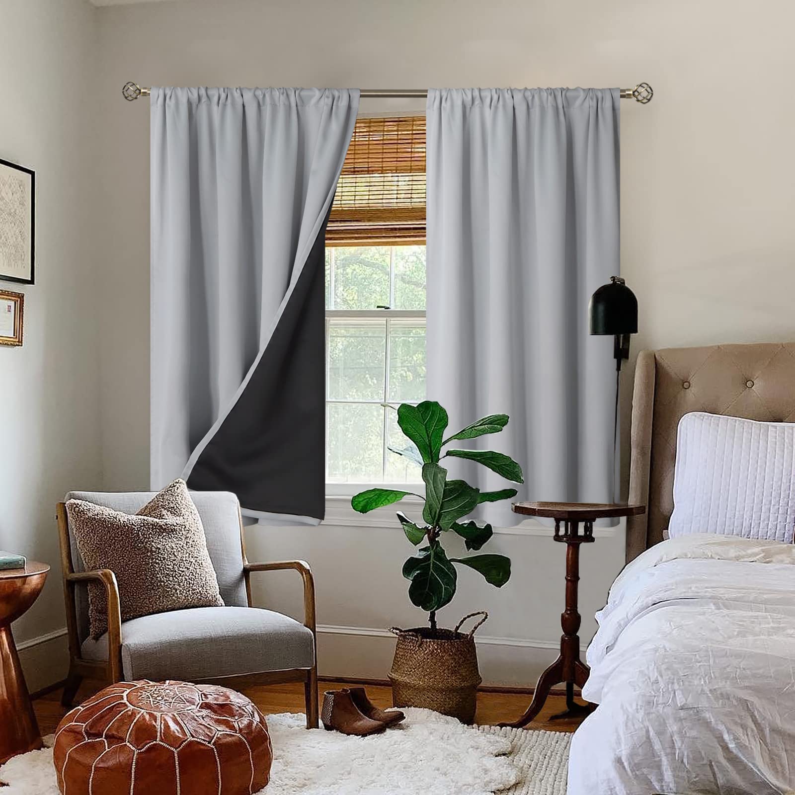 Bgment Light Grey Blackout Curtains For Bedroom 45 Inch Length, Rod Pocket 100% Blackout Curtains With Thermal Liner Darkening Curtains For Living Room, Each Window Curtains 2 Panels, 42 X 45 Inch
