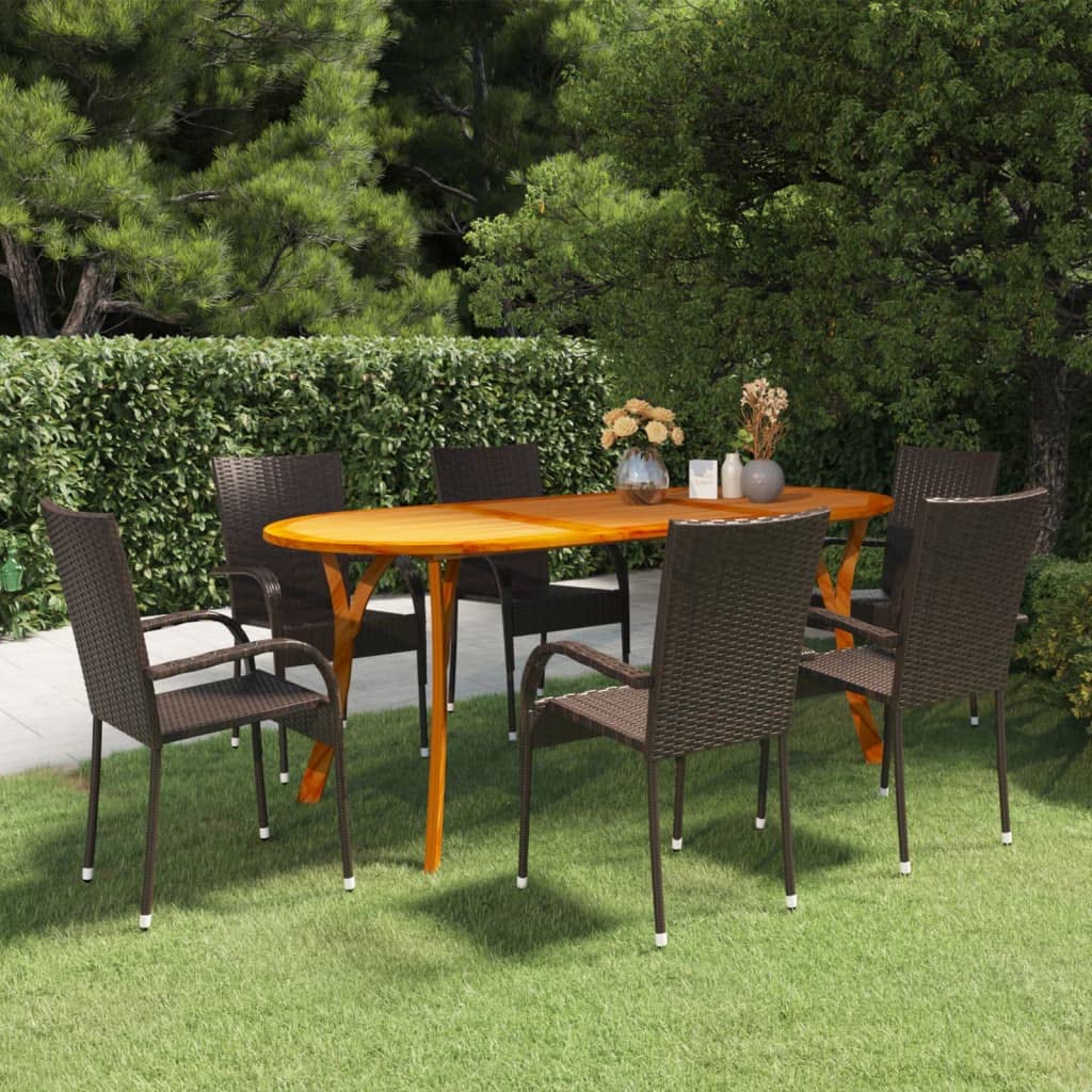 vidaXL 7 Piece Patio Dining Set in Brown - Solid Acacia Wood Table, PE-Rattan Upholstered Chairs, Stylish and Outdoor-Ready Furniture Set for Patios