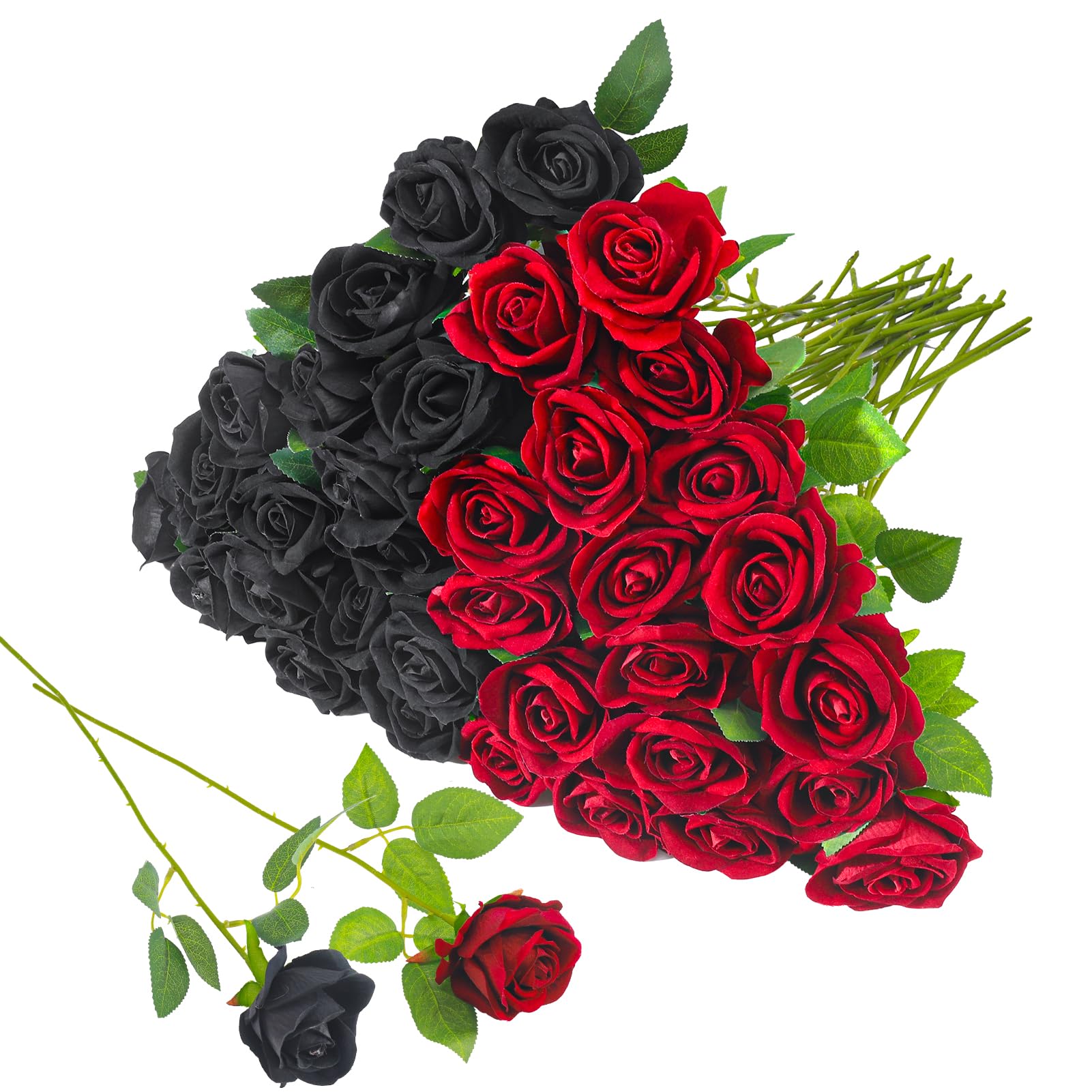 Hoemwarm 36 Pcs Silk Black Red Rose Bouquet Bridal Artificial Flowers,Fake Rose Long Stem Realistic Artificial Flowers Bulk for 