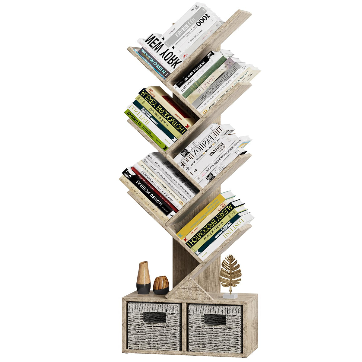 Vagusicc Tree Bookshelf, 6 Tier Bookshelf with Storage, Tall Narrow Bookcase, Wood Book Storage Rack for CDs/Books, Small Book O