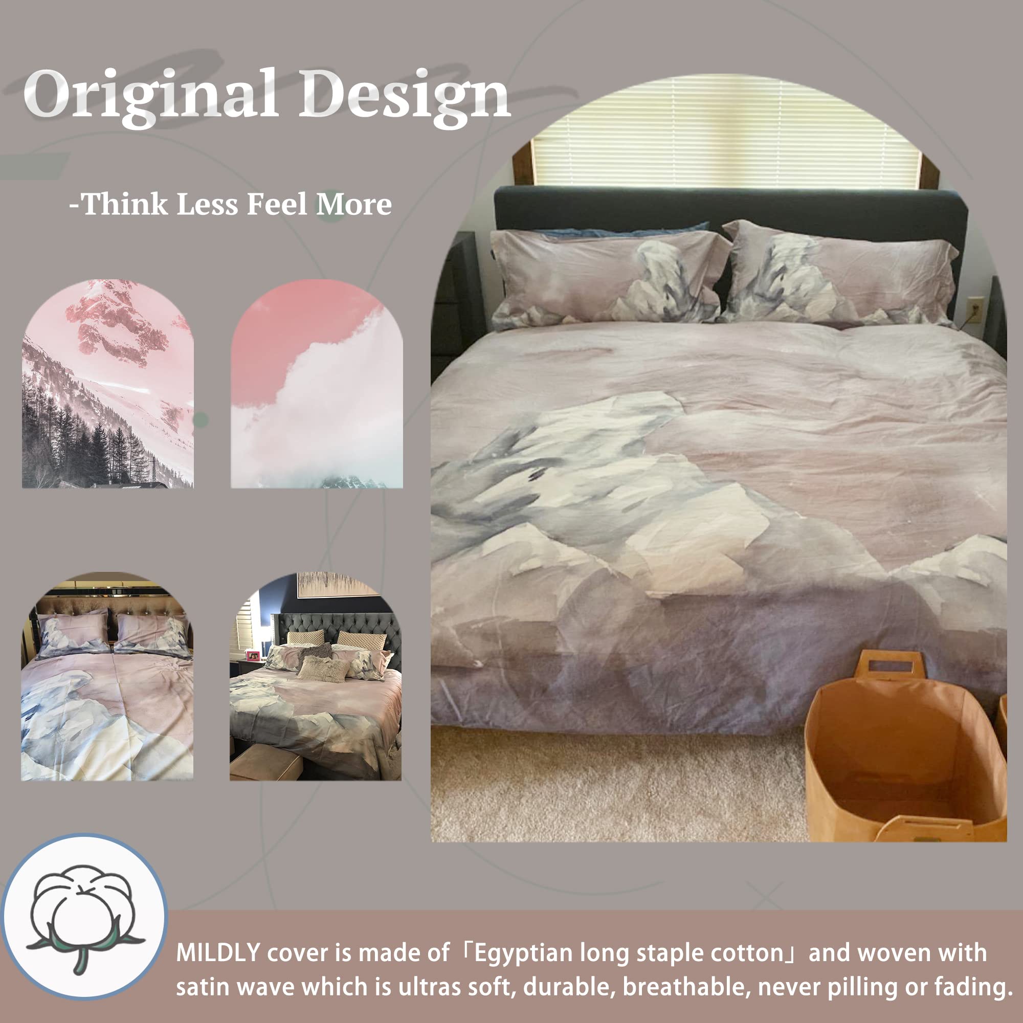 Mildly 100% Long-Staple Cotton Duvet Cover Set Abstract Gray Pink Marble Pattern Printed Comforter Cover 3Pcs, Ultra Soft & Brea