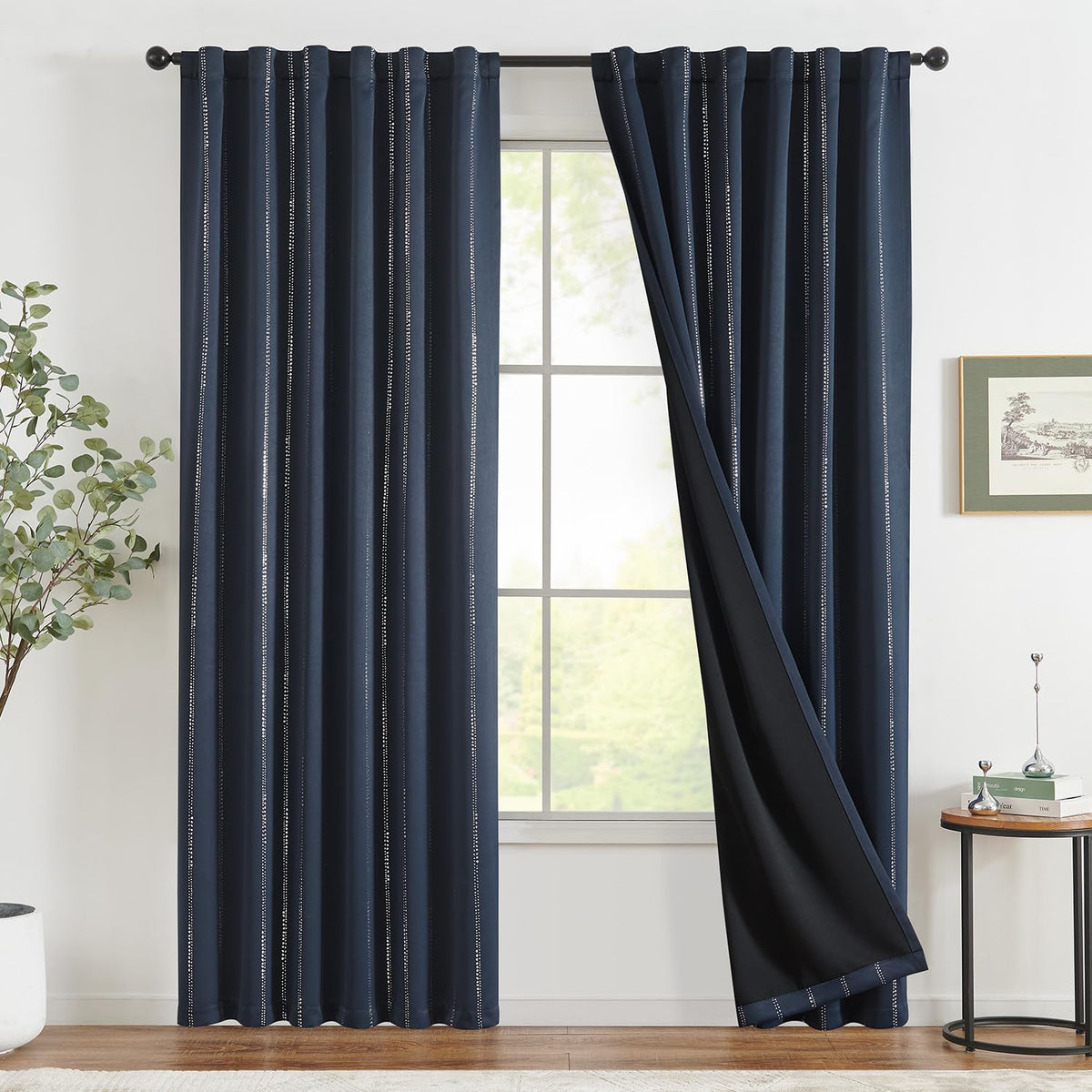 Jinchan Boho Blackout Curtains For Bedroom, Silver Foil Striped Patterned Navy Blue Curtains 84 Inches Long Back Tab Room Darken