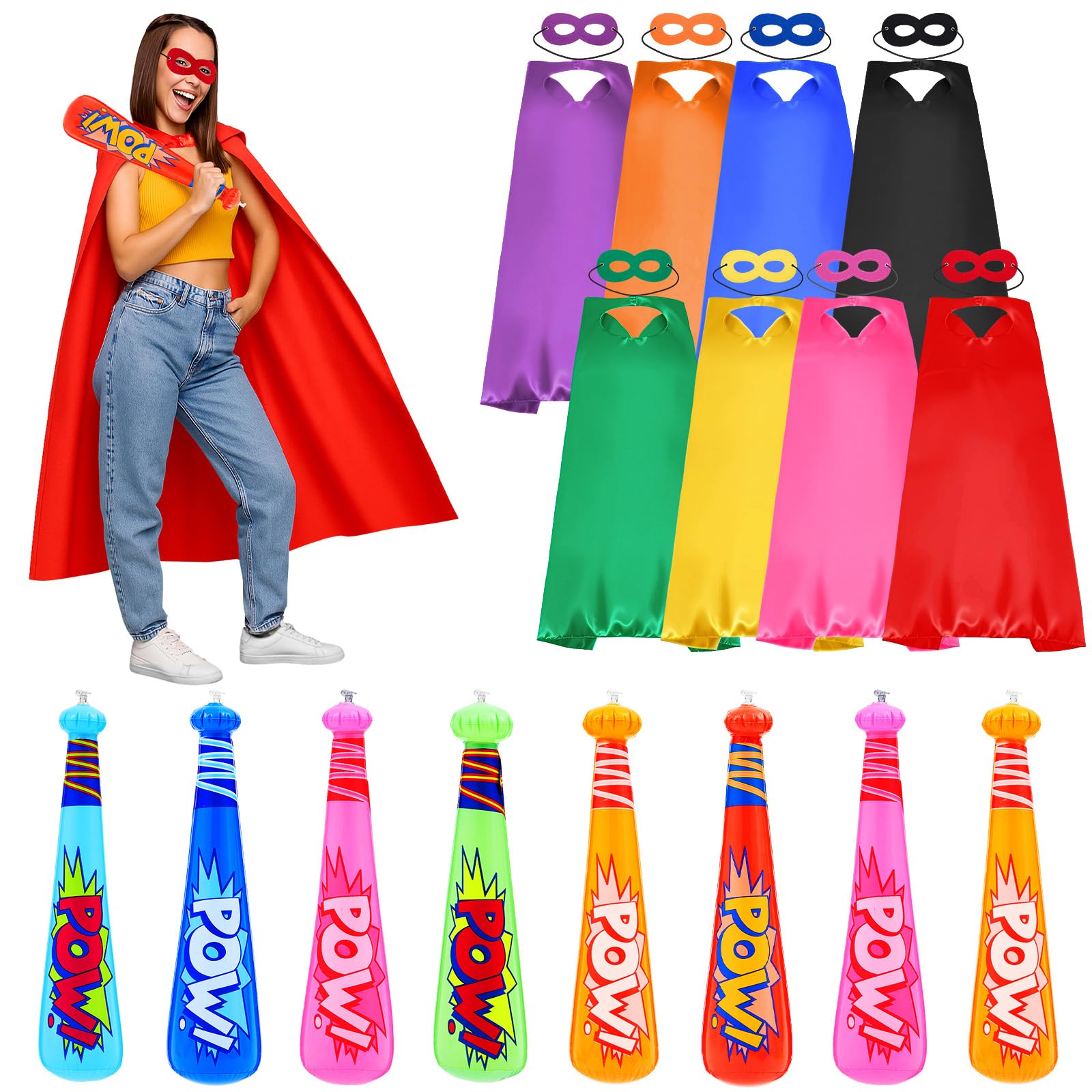 Lunmon 16 Pack Hero Capes with Masks and 17 Inch Pow Inflatable Baseball Bats for Halloween Hero Theme Birthday Party Favors Car