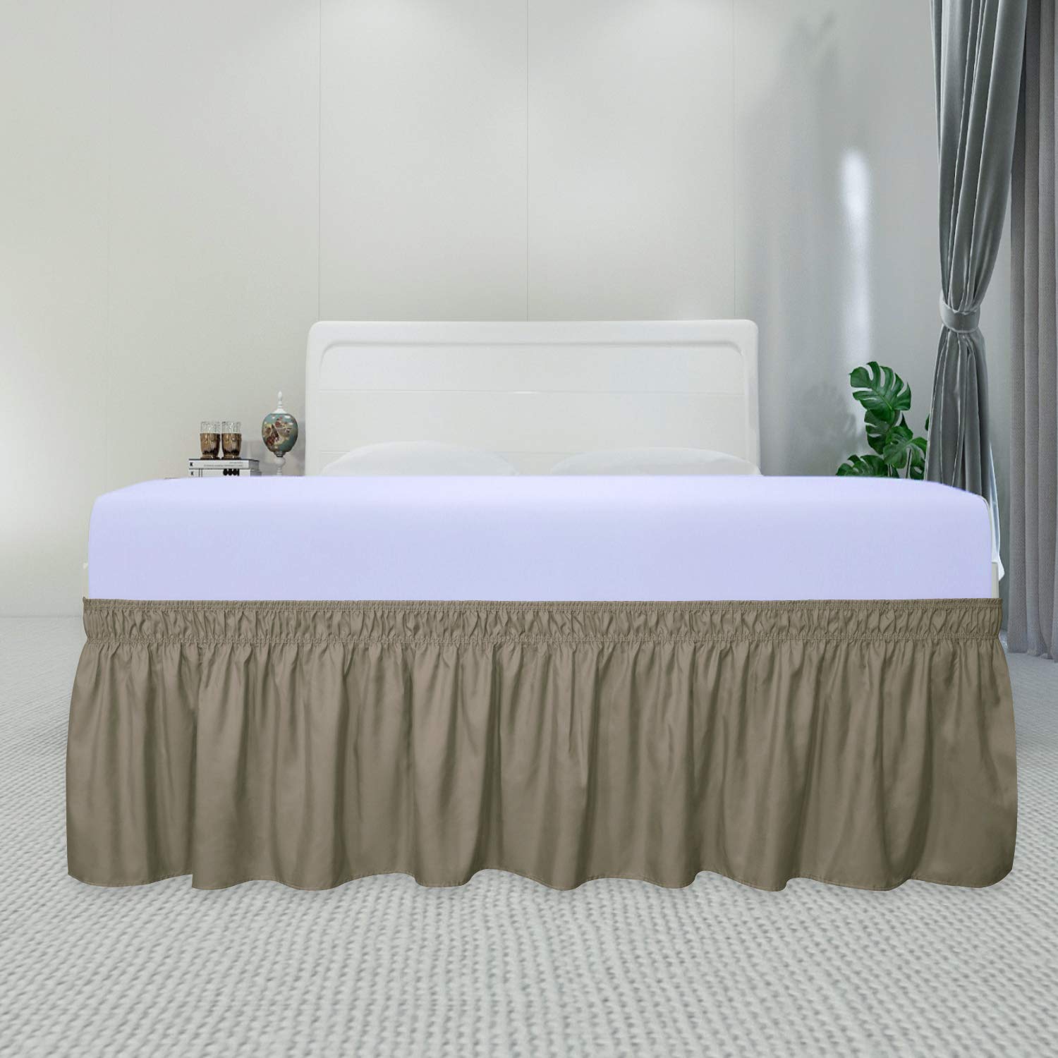 Purefit Wrap Around Ruffled Bed Skirt With Adjustable Elastic Belt - 14 Inch Drop Easy To Put On, Wrinkle Free Bedskirt Dust Ruffles, Bed Frame Cover For Queen, King And C-King Size Beds, Sand