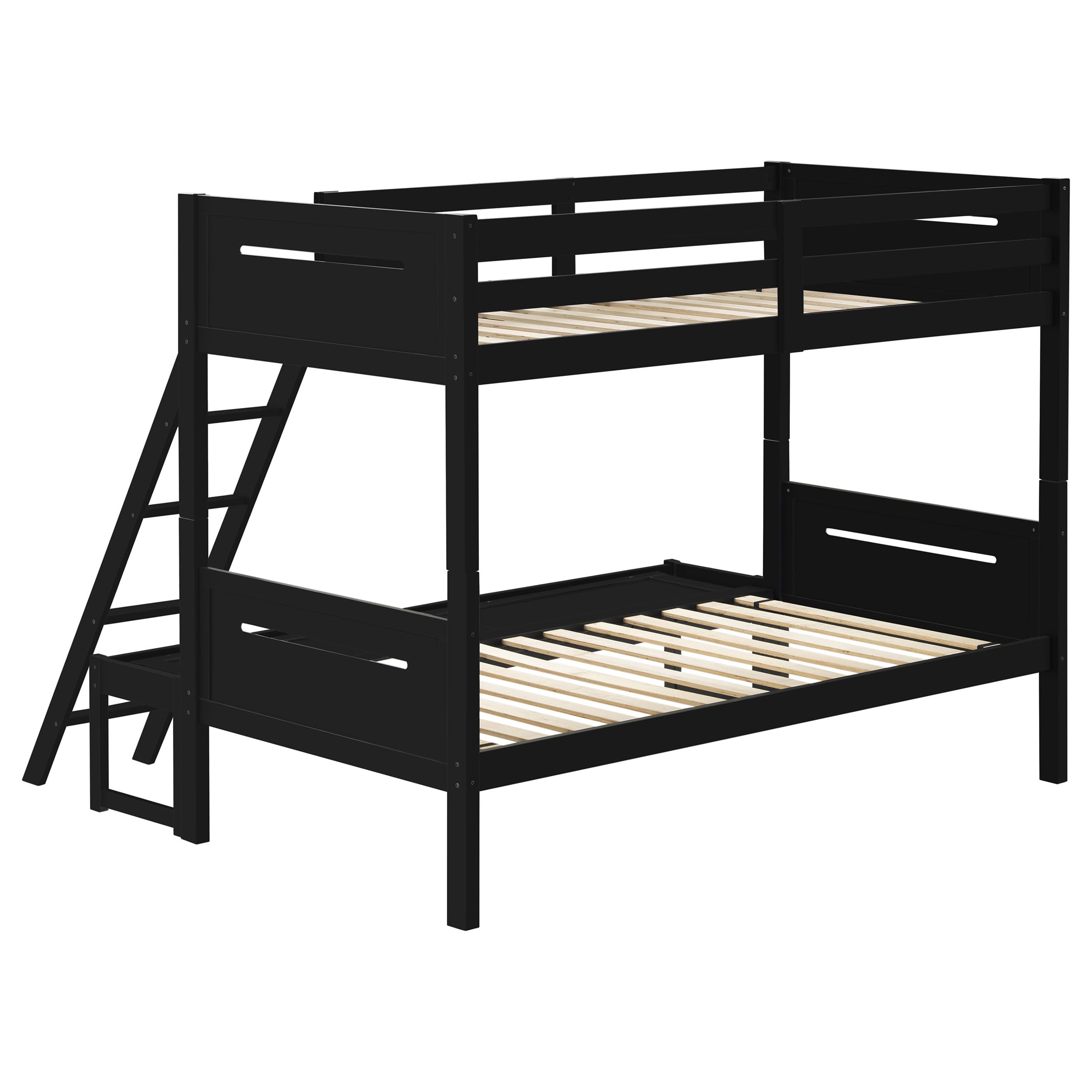 Coaster Home Furnishings Littleton Transitional Wood Twin Over Full Size Bunk Bed Frame with Ladder and Guardrails Fully Slatted Mattress Ready Foundation Black 405052BLK