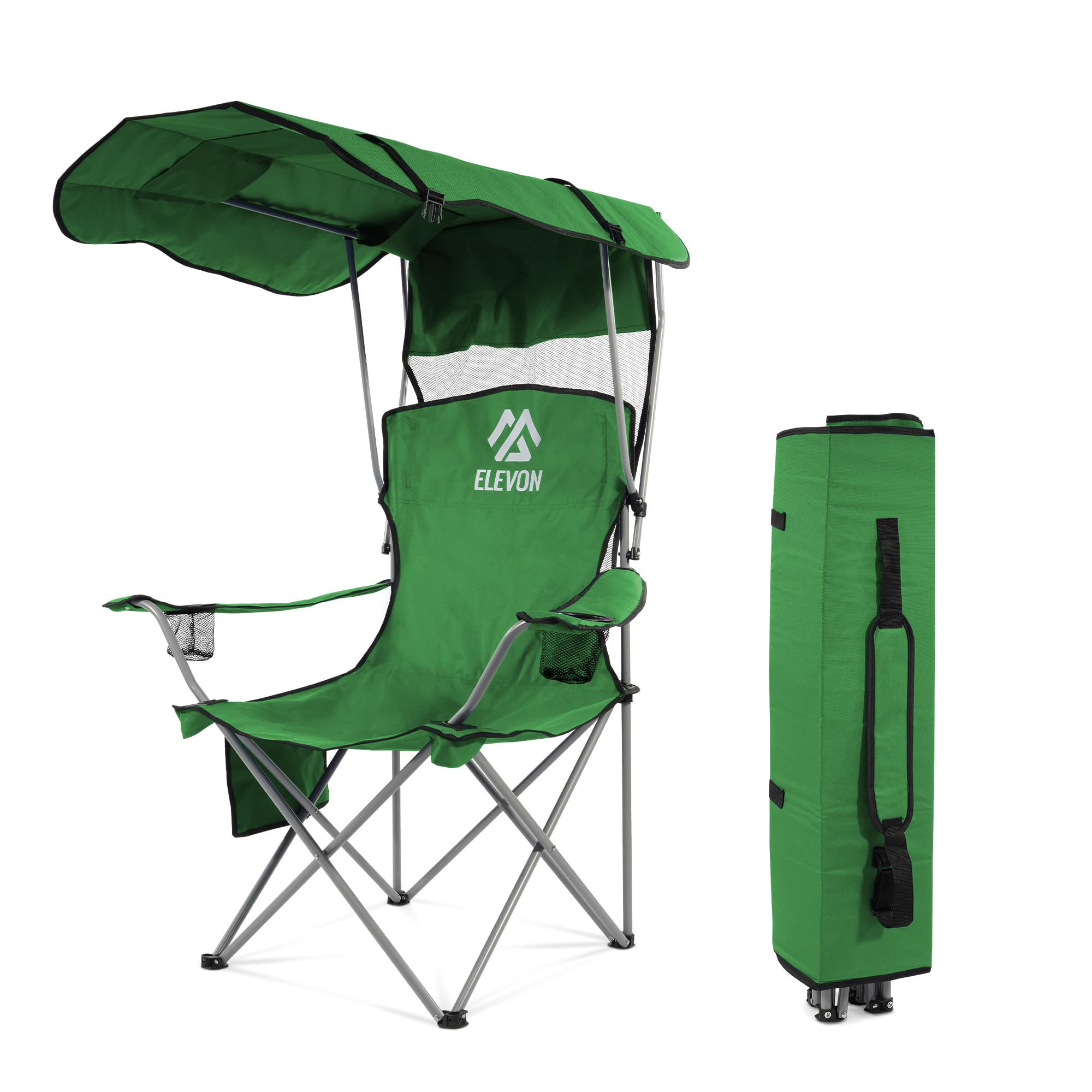 Elevon Camping Chair, Oversized Folding Chair with Canopy, Portable Outdoor Chair with Arms, Cup Holder and Carry Bag for Campin