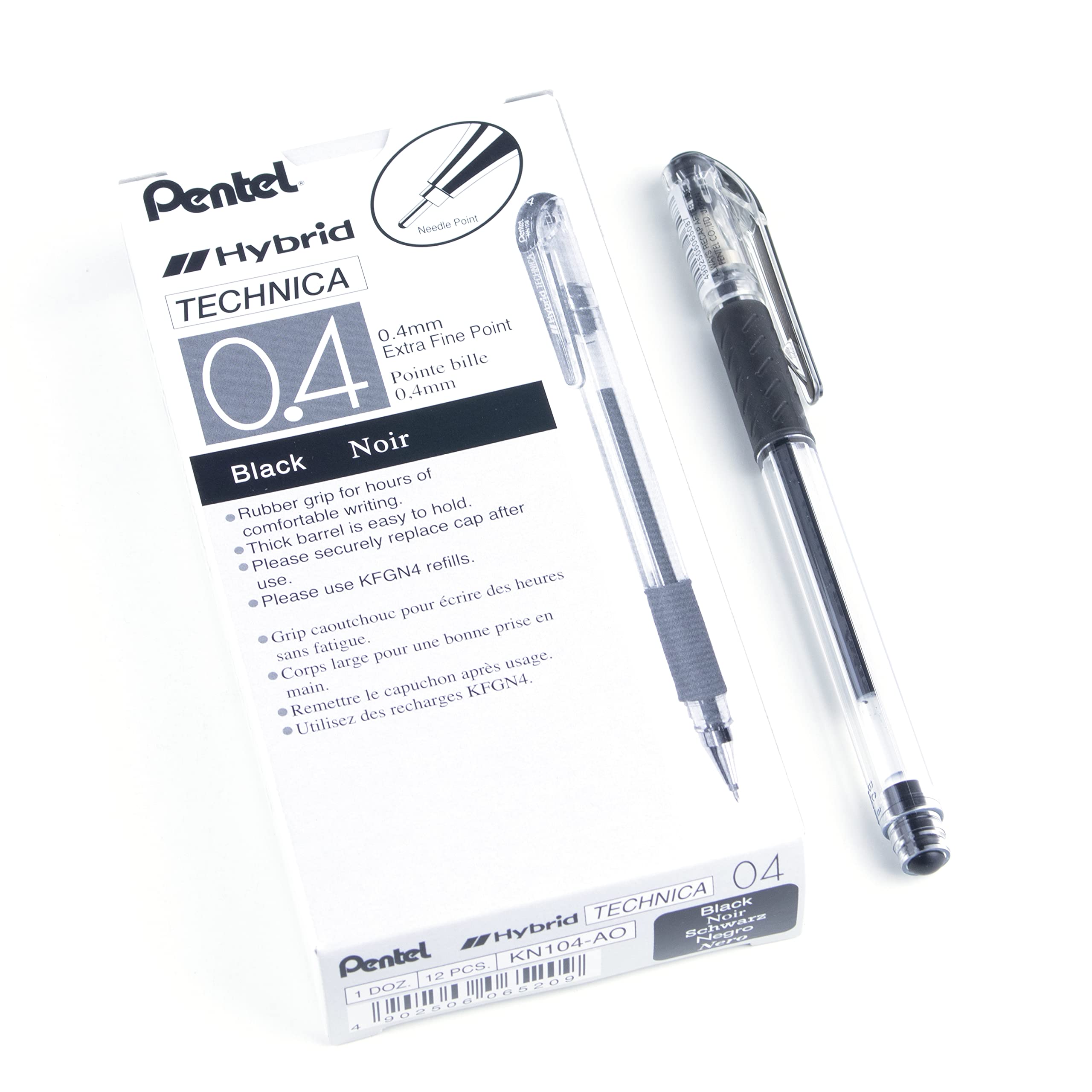 Pentel Arts Hybrid Technica 0.4 Mm Pen, Ultra Fine Point, Black Ink, Box Of 12 (Kn104-A)