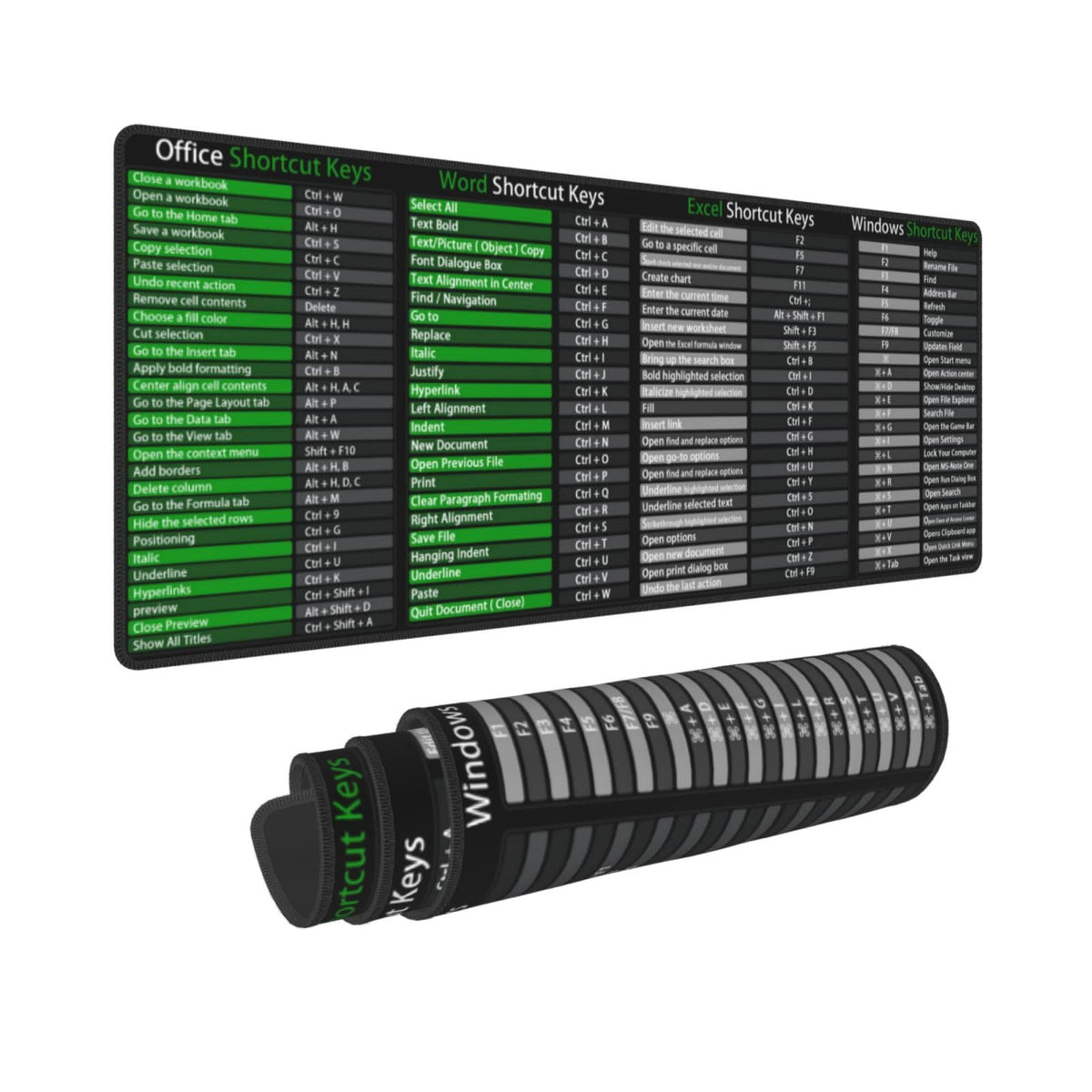 Green Computer Shortcut Keys Shortcuts Office Power Point Excel Word Gaming Keyboard Mouse Pad Mousepad Desk Mat Huge Extended X
