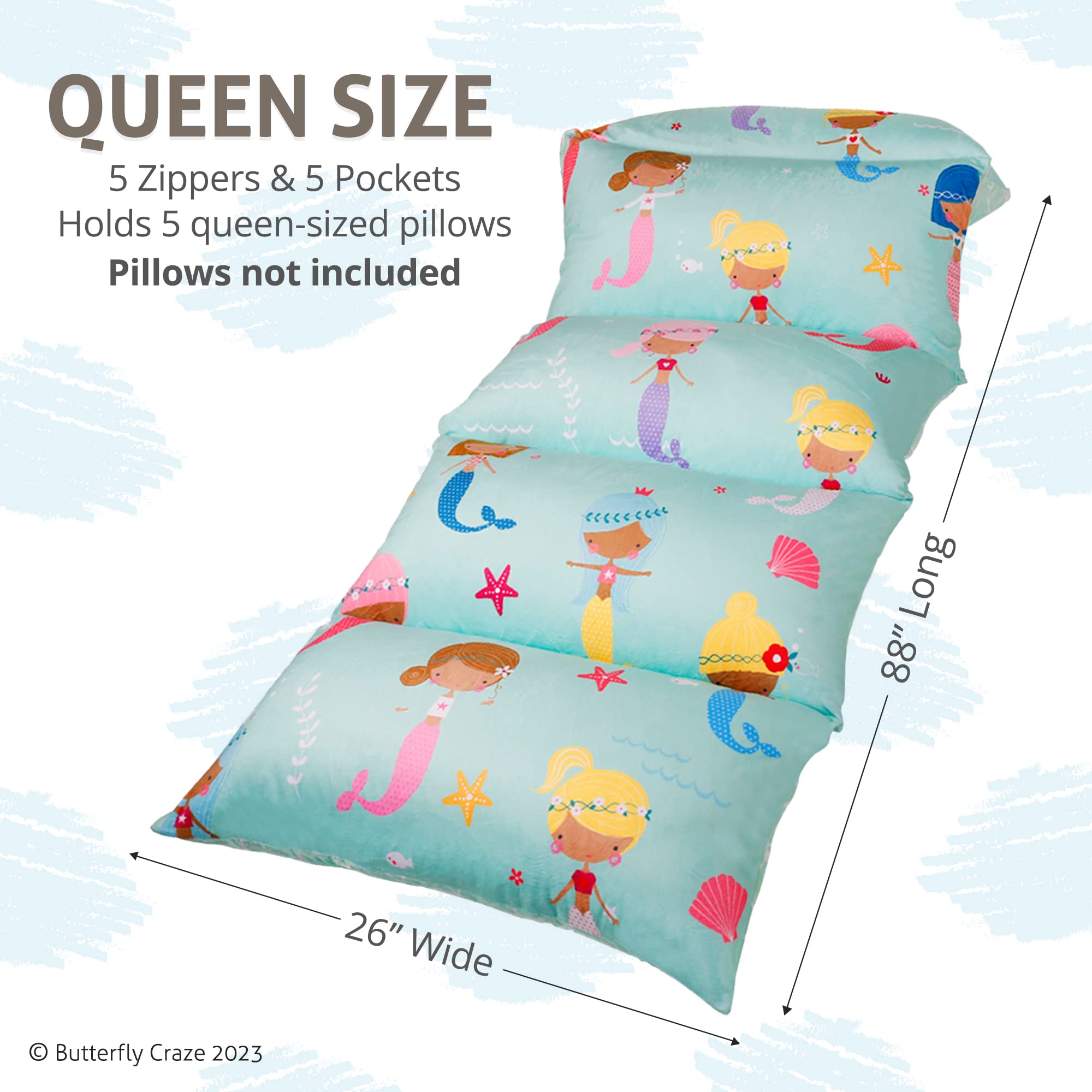 Butterfly Craze Floor Pillow Case, Mattress Bed Lounger Cover, Mermaid Aqua, Queen Size - Cozy Seating Solution For Kids & Adult