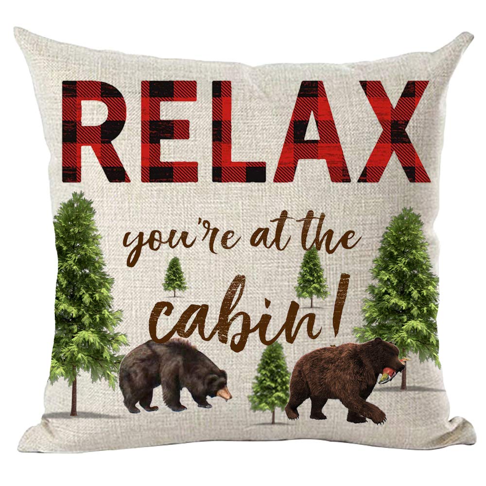 Ramirar Red Brown Word Art Quote Relax You Are At The Cabin Bears Froest Trees Decorative Throw Pillow Cover Case Home Living Ro