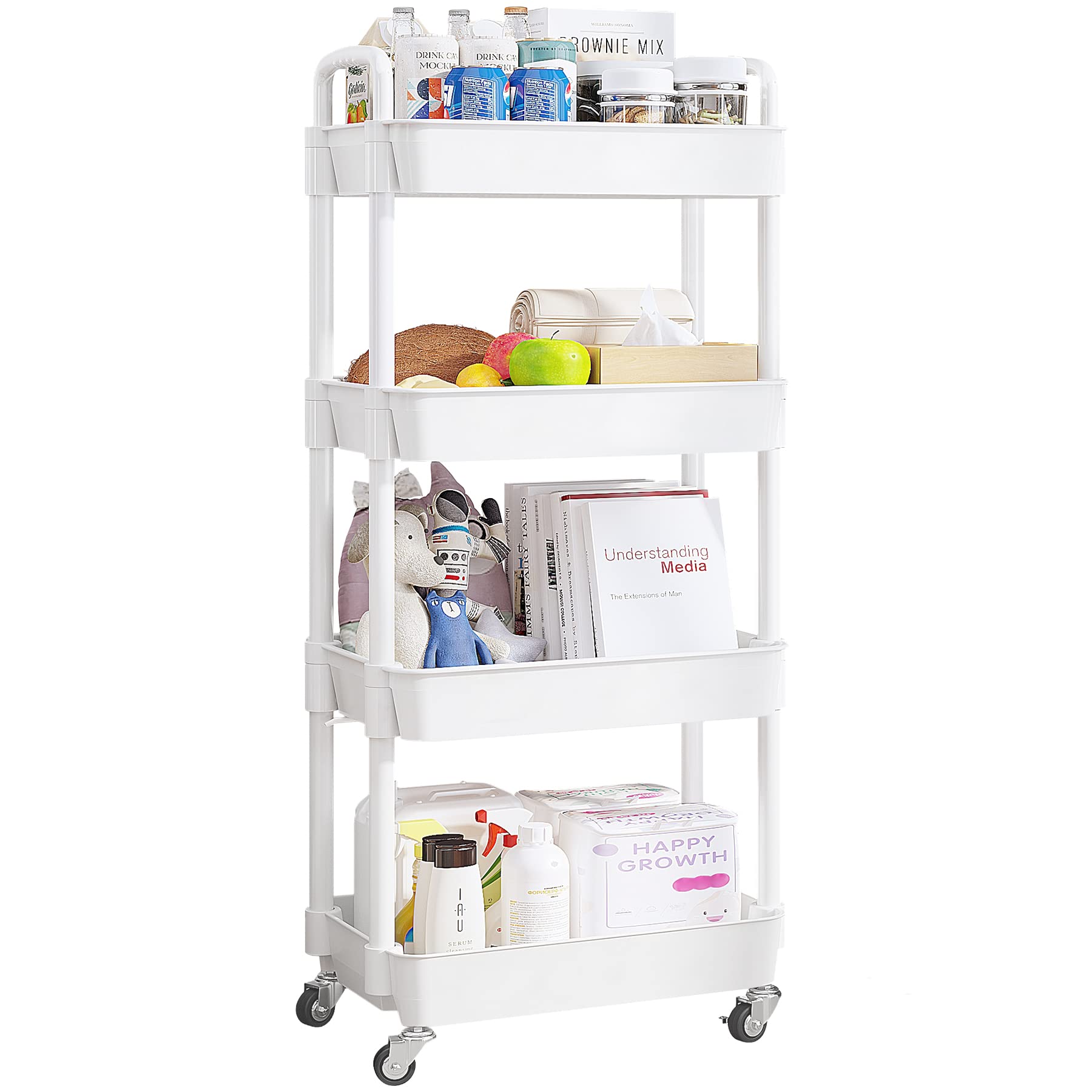 Udear 4-Tier Rolling Utility Cart With 12 Category Labels,Multifunctional Storage Shelves With Handle And Lockable Wheels For Room,Office,Kitchen,Bathroom,White