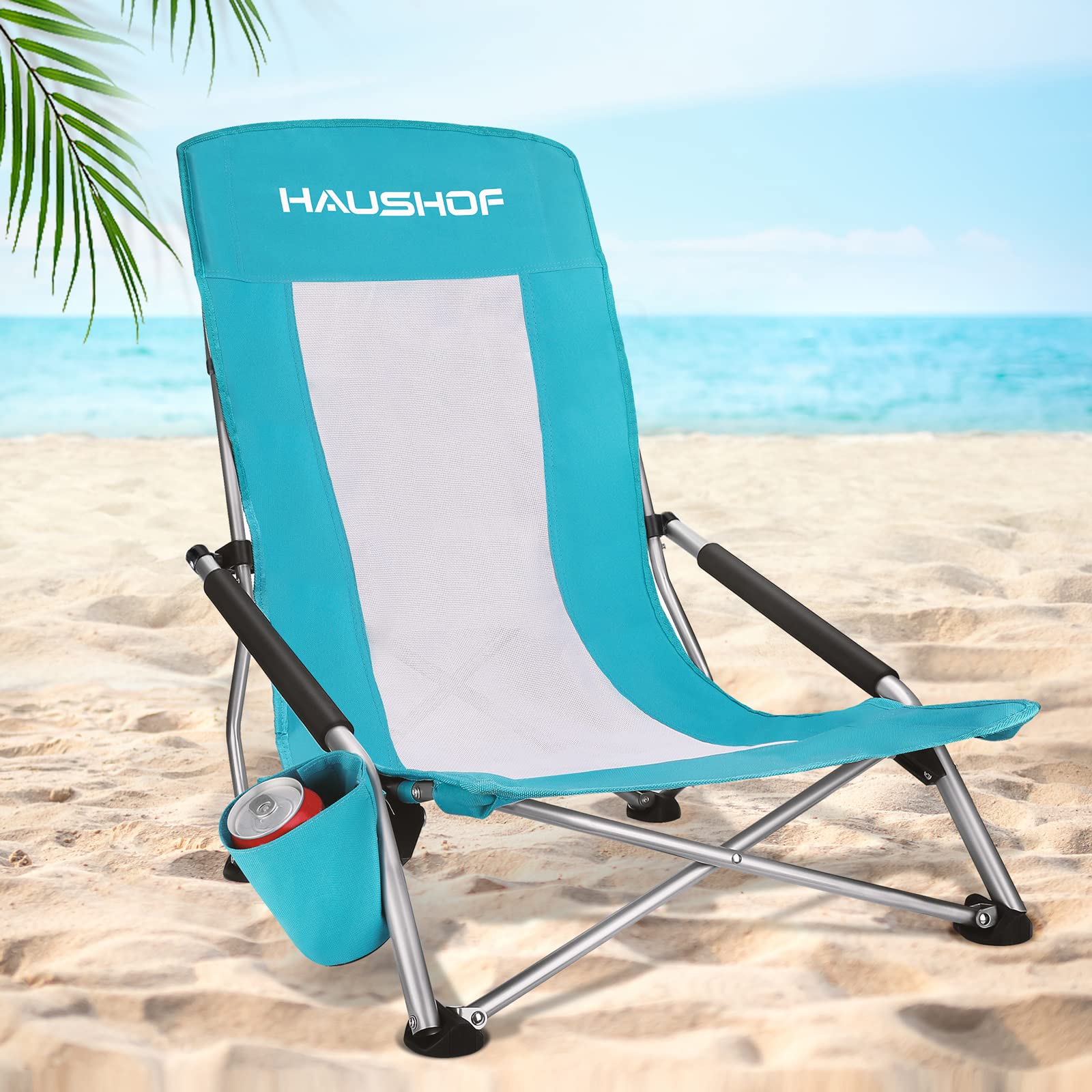 HAUSHOF High Back Beach Chair, Mesh Back Folding Chair, Lightweight Low Seat Camping Chairs with Cup Holder, Carry Bag, Padded A