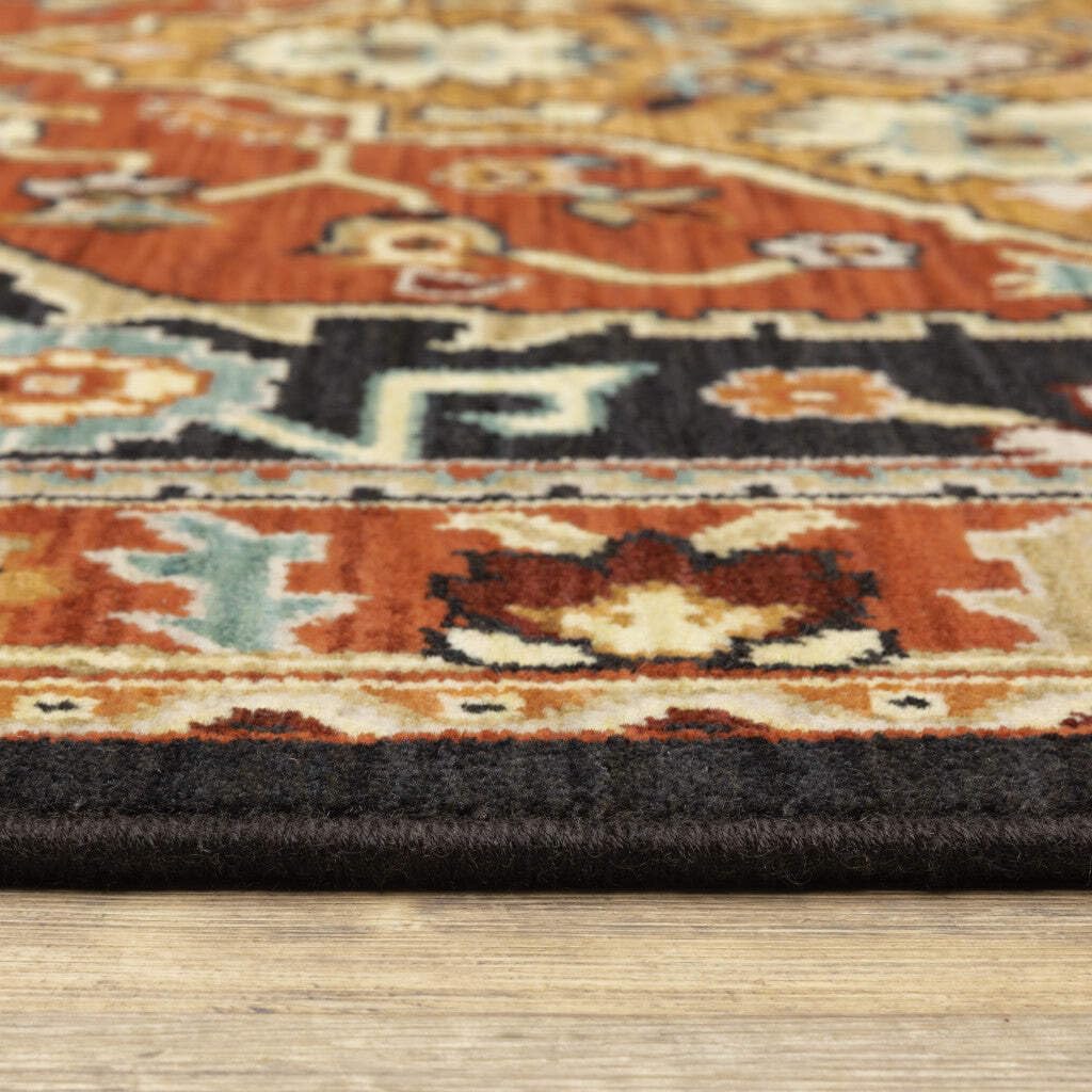 HomeRoots 509230 6 x 9 ft. Oriental Power Loom Stain Resistant Rectangle Area Rug with Fringe Black Orange & Beige
