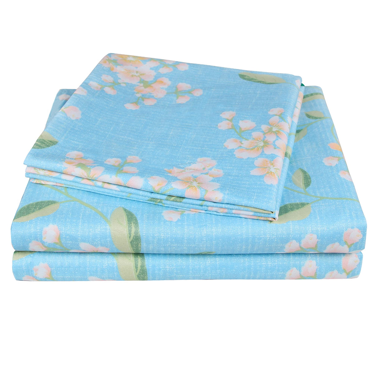 Jsd Blue Sakura Floral Sheet Set Queen, 4 Piece Soft Botanical Printed Microfiber Sheets Deep Pocket