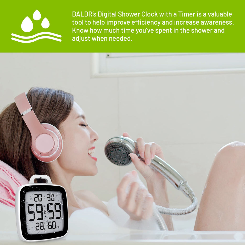 Baldr Digital Shower Clock With Timer - Waterproof Shower Timer For Kids & Adults - Perfect Bathroom Clock That Displays Time &