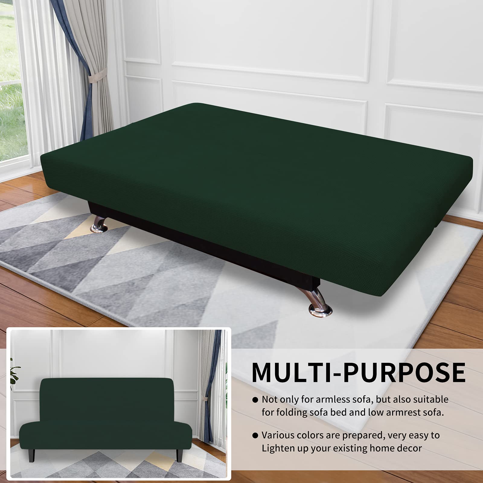 Easy-Going Stretch Futon Slipcover Armless Futon Bed Cover Furniture Protector Without Armrests With Elastic Bottom For Kids, Soft Jacquard Fabric Small Checks (Large, Dark Green)