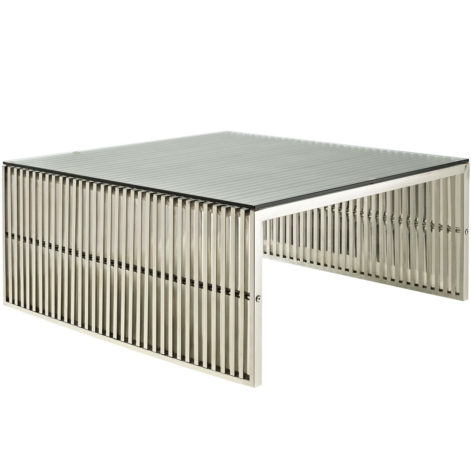 Modway Gridiron Gold Contemporary Modern Stainless Steel Coffee Table With Tempered Glass Top