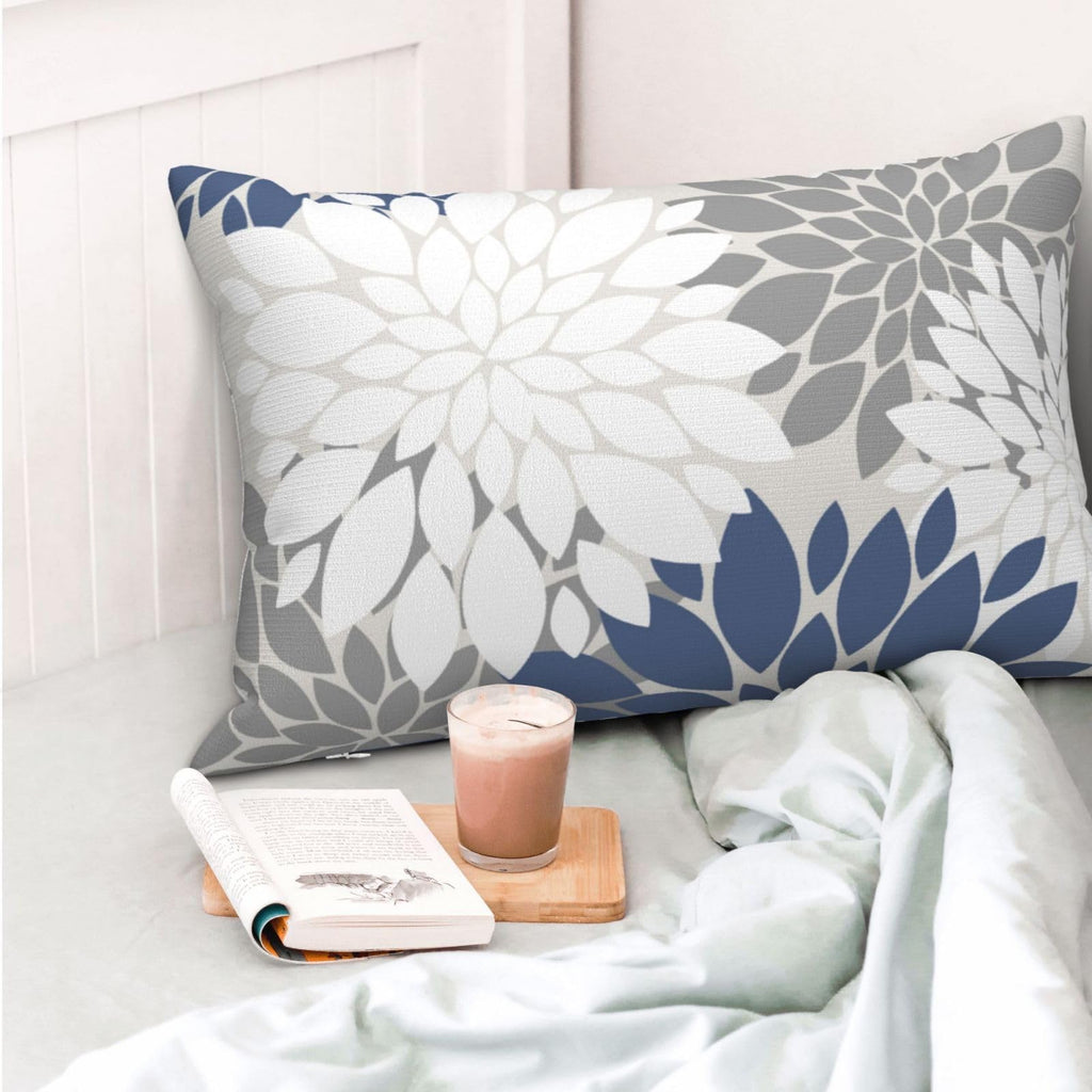 Cxmeifly Navy Blue White Grey Pillow Covers 12X20 Inch Set Of 2 Dahlia Floral Decor Throw Pillows Summer Modern Geometry Flower