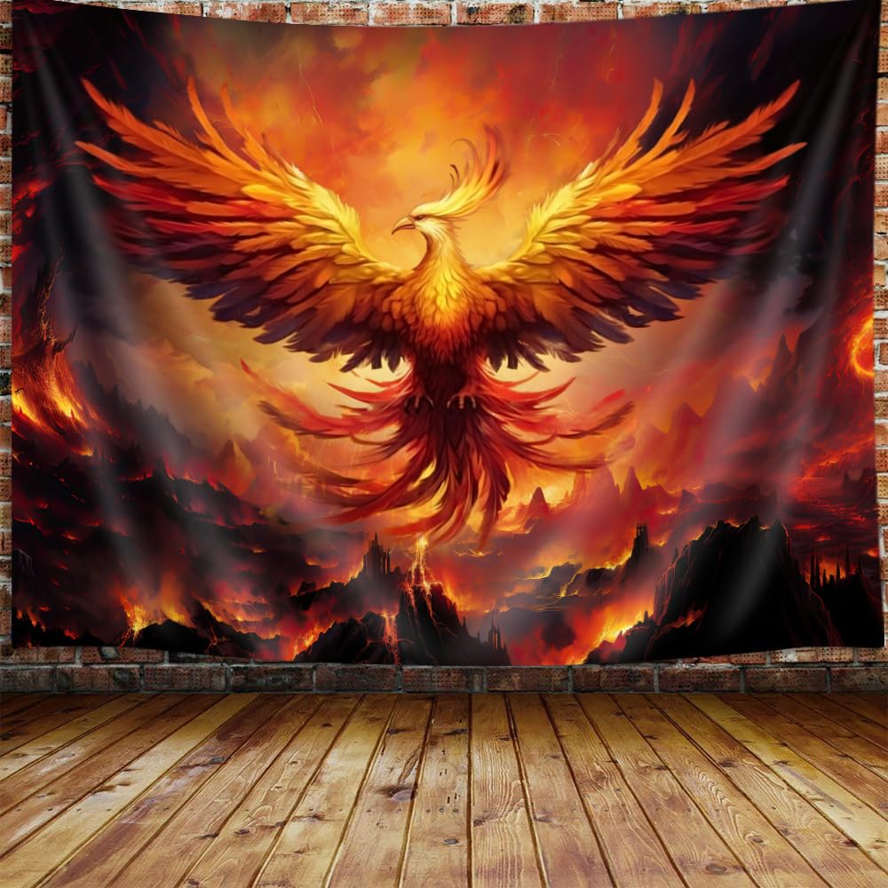 JAWO Fantasy Phoenix Bird Tapestry for Men, Red Anime Animal Hippie Tapestry Wall Hanging for Bedroom, Aesthetic Cool Tapestry B