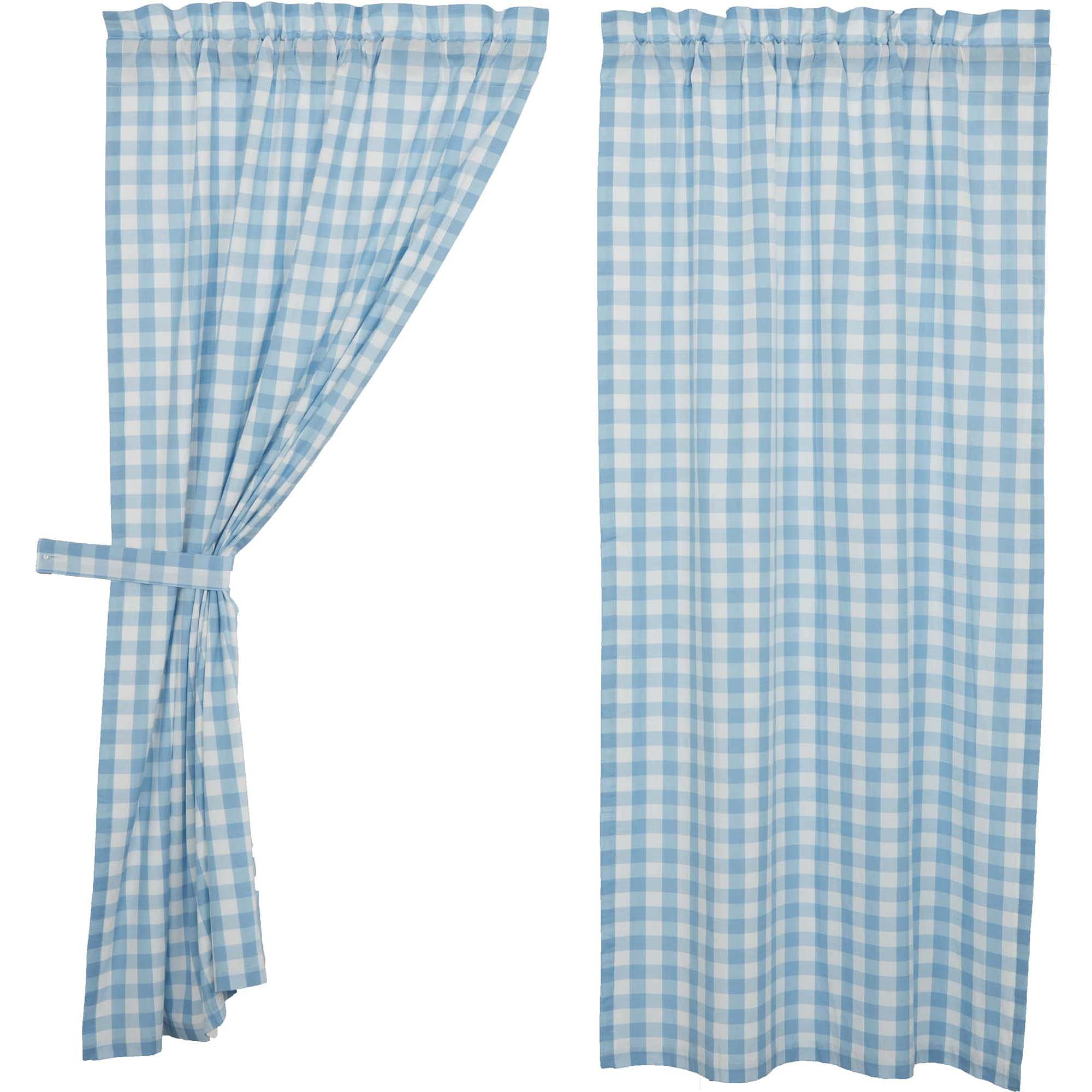 Vhc Brands Annie Blue Buffalo Check Farmhouse Living Room Short Panel Curtain Set 63X36