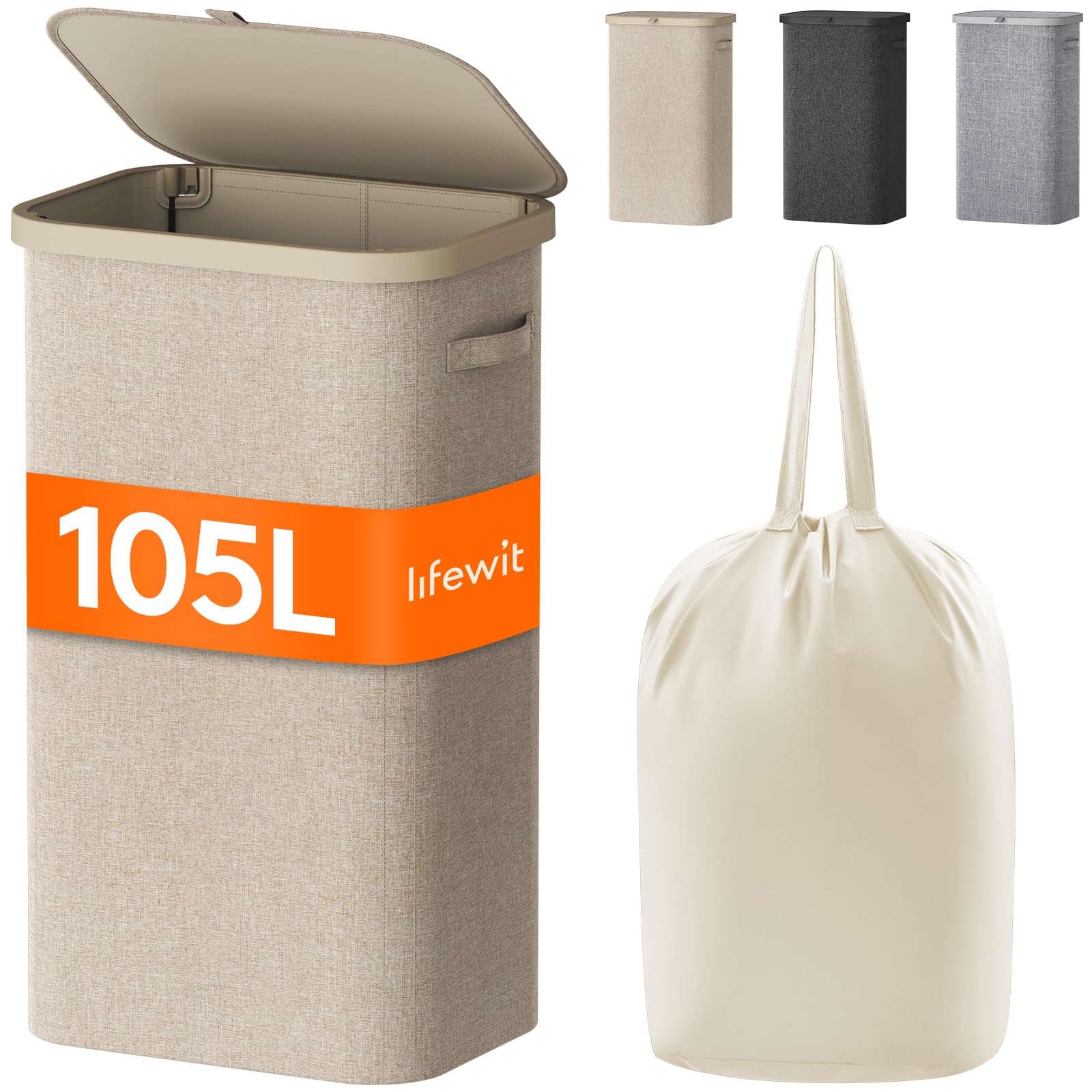 Lifewit 105L Laundry Basket with Lid, Large Laundry Hamper with Plastic Handles and Removable Bag, Foldable Tall Dirty Clothes H