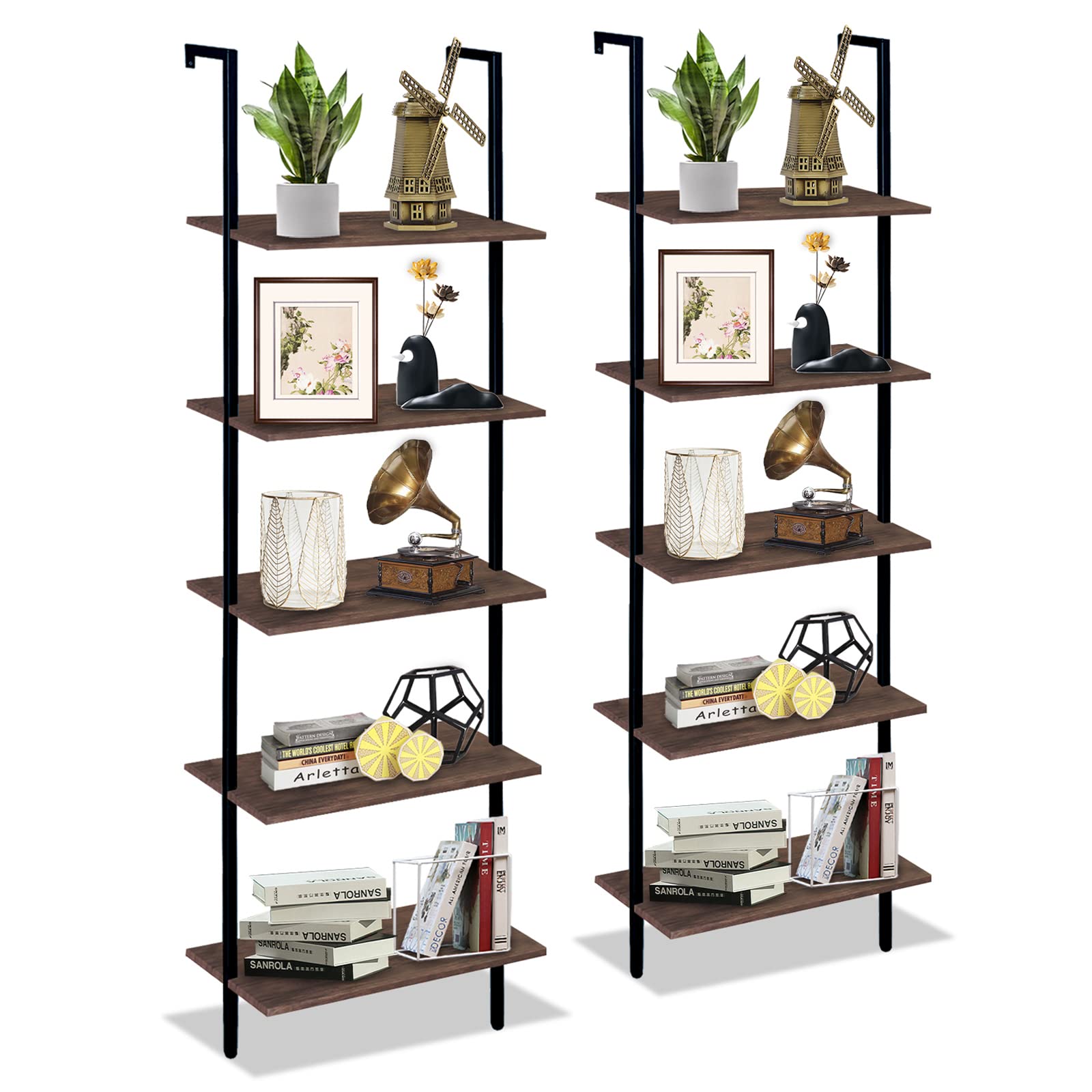 Wolawu 5 Tiers Ladder Shelf 2-Piece Black Modern Tall Bookshelf Open Large Tall Wall Mount Storage Bookcase Standing Leaning Wall Shelves Industrial Decorative (Brown)