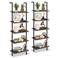 Wolawu 5 Tiers Ladder Shelf 2-Piece Black Modern Tall Bookshelf Open Large Tall Wall Mount Storage Bookcase Standing Leaning Wall Shelves Industrial Decorative (Brown)