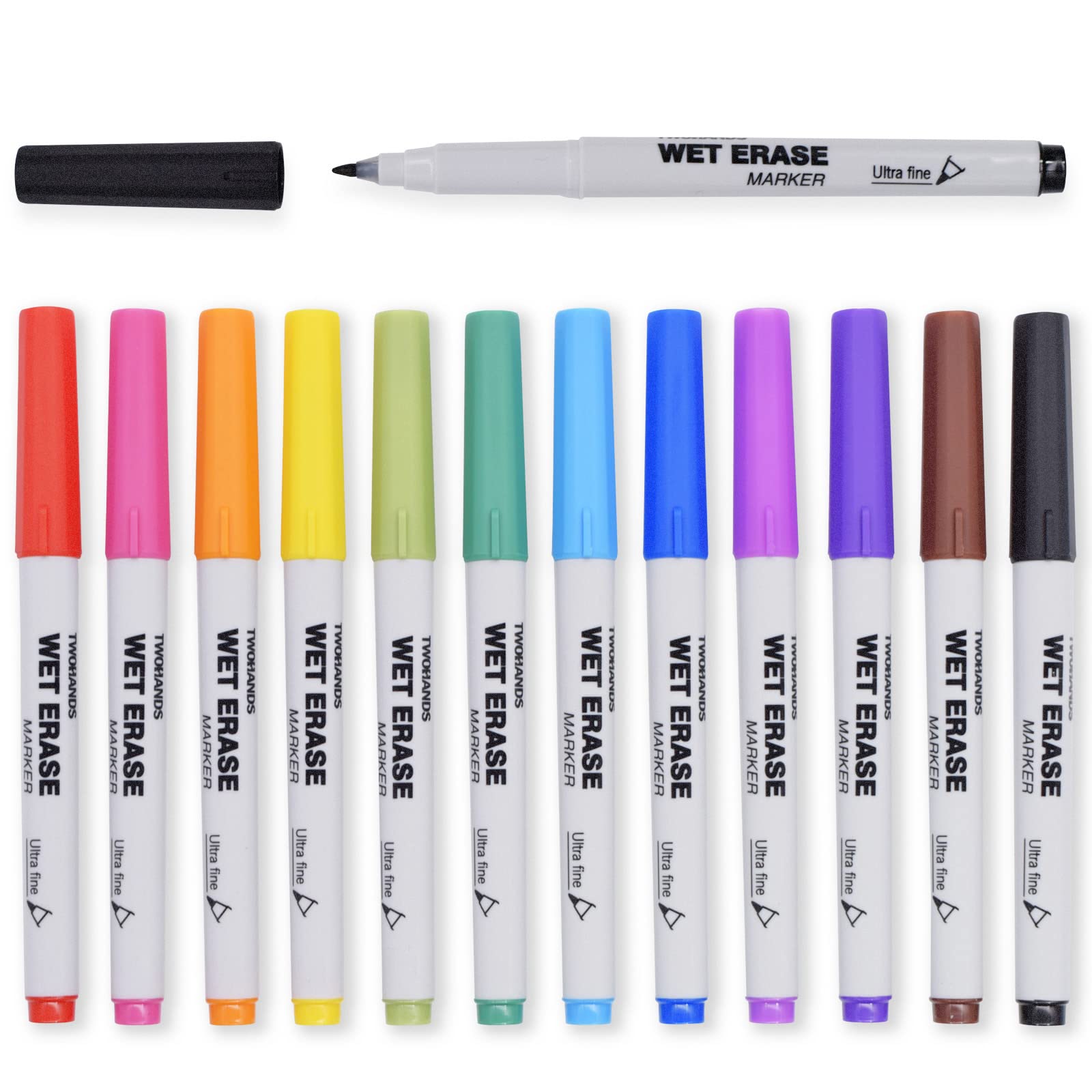 Twohands Wet Erase Markers Ultra Fine Tip,0.7Mm,Low Odor,Extra Fine Point,12 Assorted Colors,Whiteboard Markers For Office,Home,