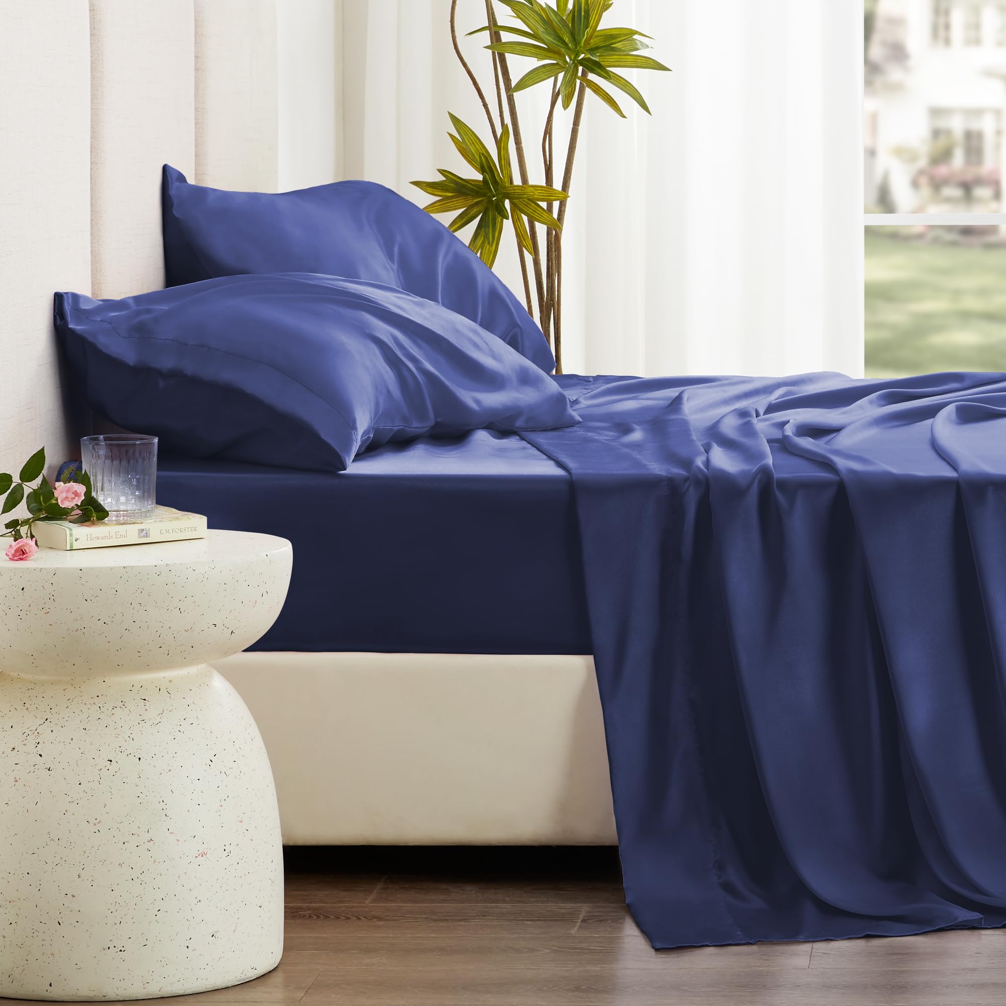 Love'S Cabin Twin Satin Sheet Sets - 3 Piece Navy Blue Silky Satin Bed Sheets Twin With Deep Pockets, Luxury Silk Feel Satin Twin Size Sheet Set Bedding Set (1 Flat Sheet,1 Fitted Sheet,1 Pillow Case)