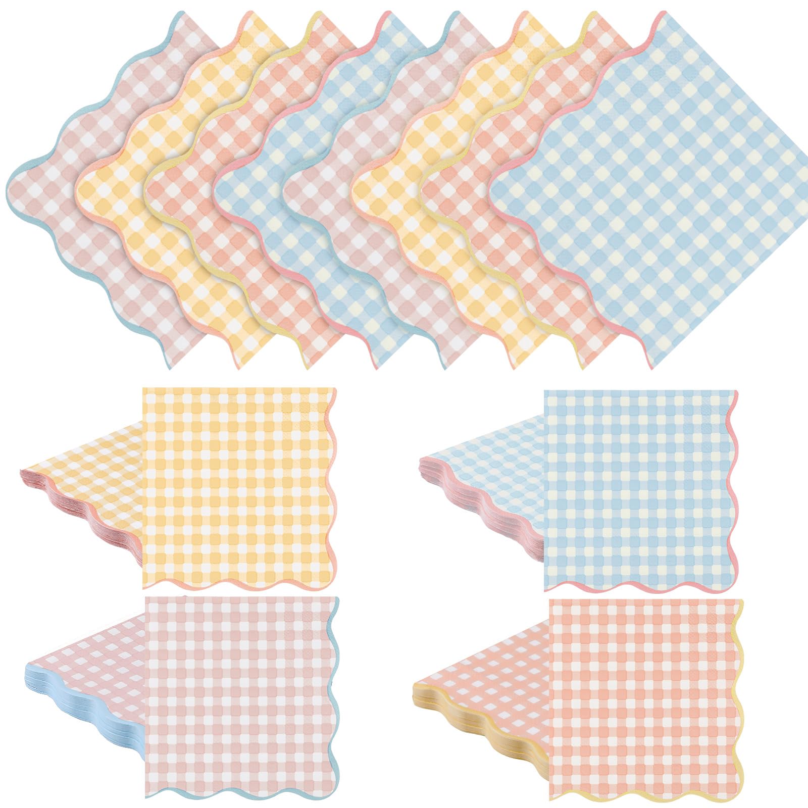 Crtiin 100 Pcs Disposable Pastel Gingham Napkins 4 Colors Pastel Scalloped Edge Tissue Thick 3-ply Paper Disposable Gingham Napk