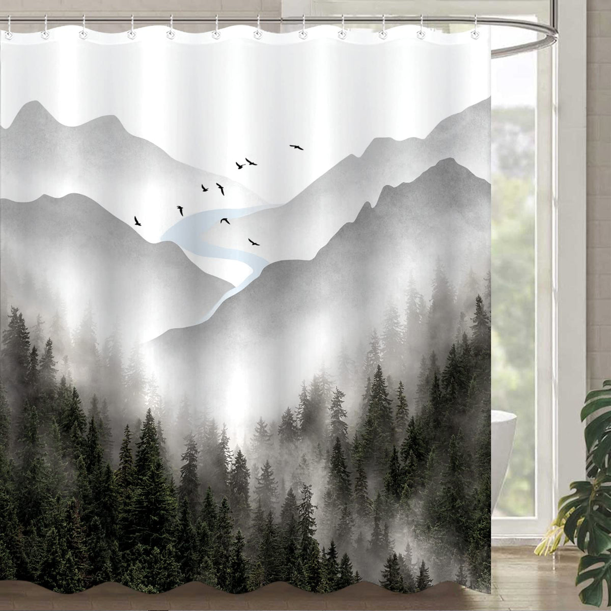 Zussun Extra Long 84 Inch Gray Misty Forest Shower Curtain Grey Nature Foggy Tree Mountain Shower Curtains For Bathroom Waterpro
