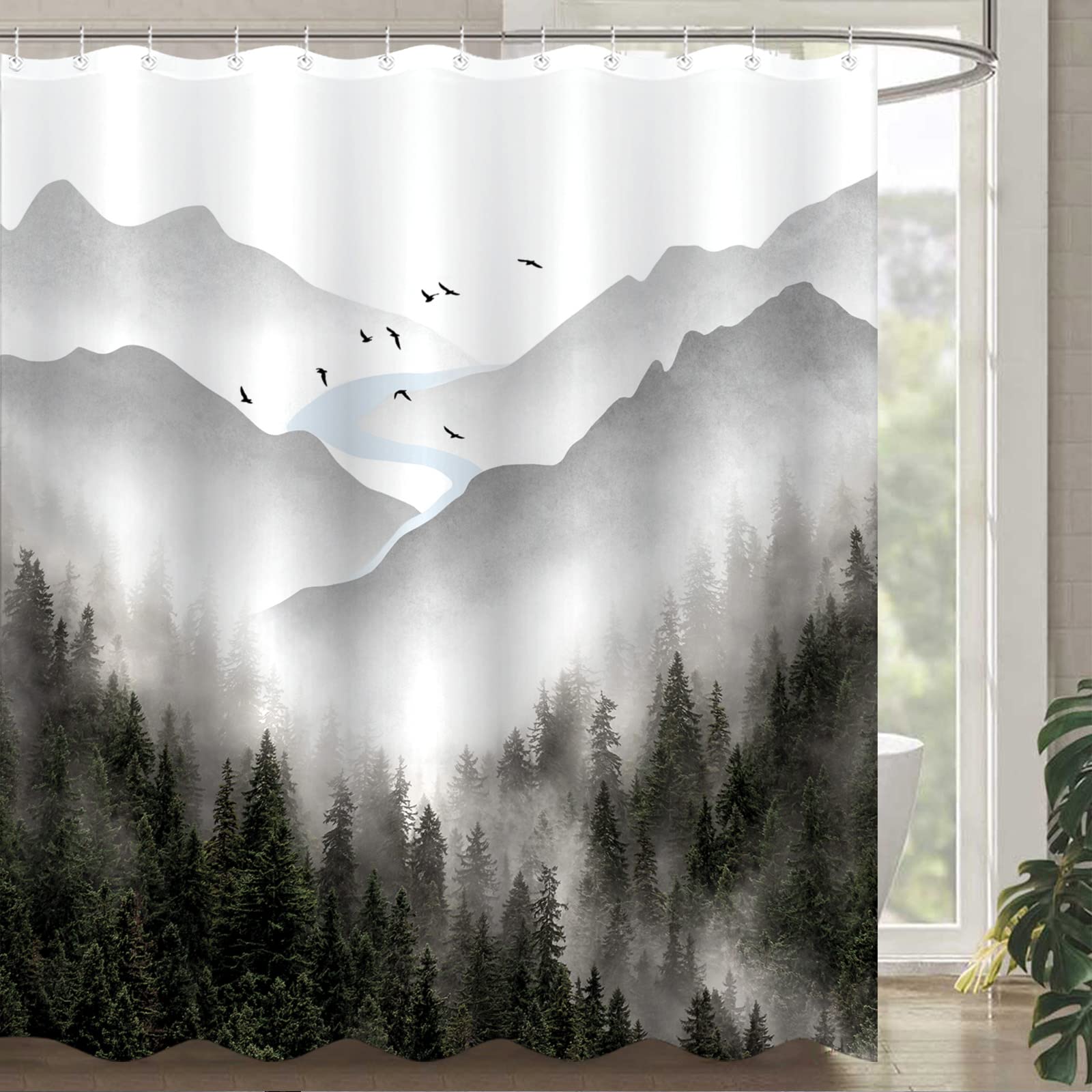 Zussun Extra Long 84 Inch Gray Misty Forest Shower Curtain Grey Nature Foggy Tree Mountain Shower Curtains For Bathroom Waterpro