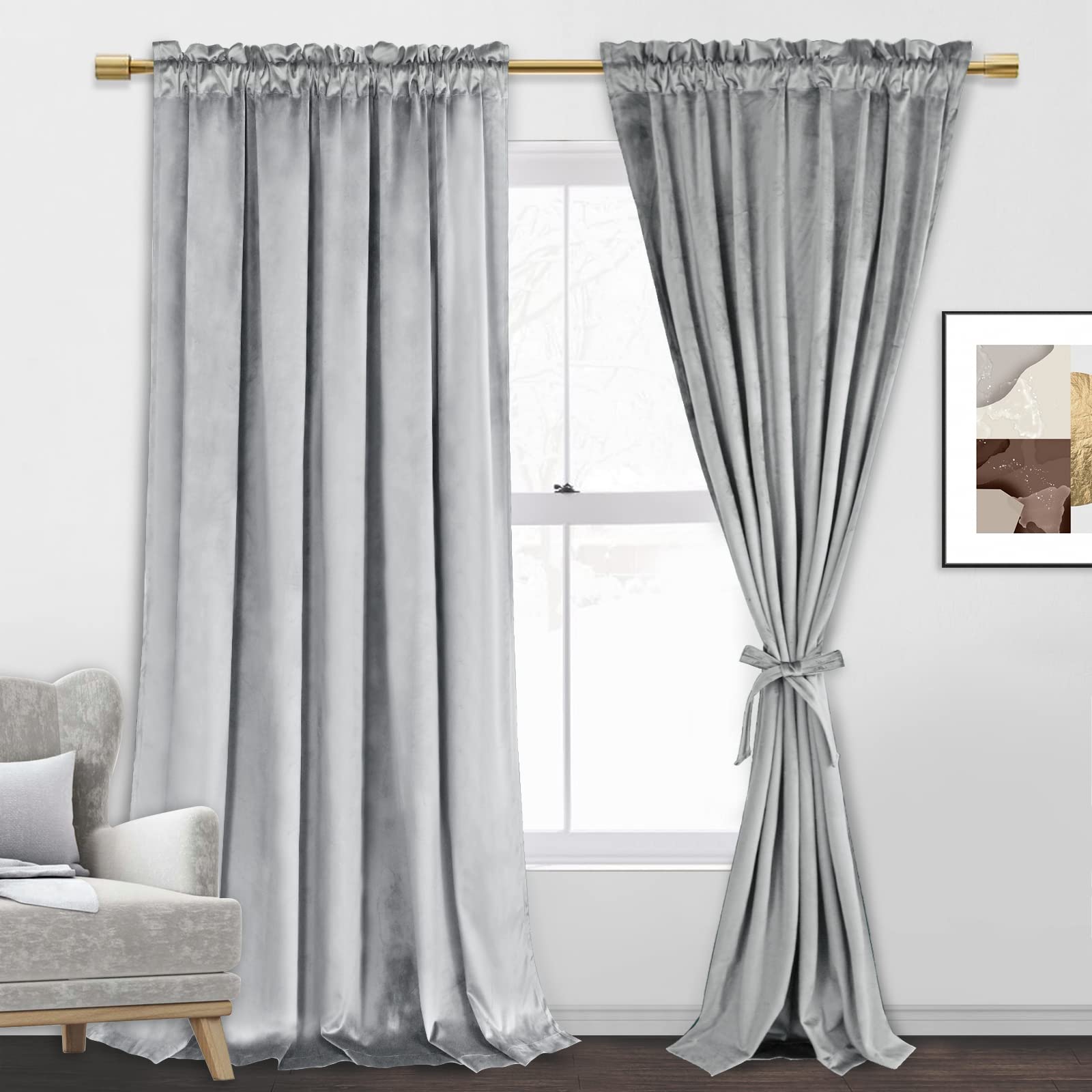 Jiuzhen Silver Grey Velvet Curtains 90 Inches For Living Room - Thermal Insualted Room Darkening Rod Pocket Thick Velvet Window