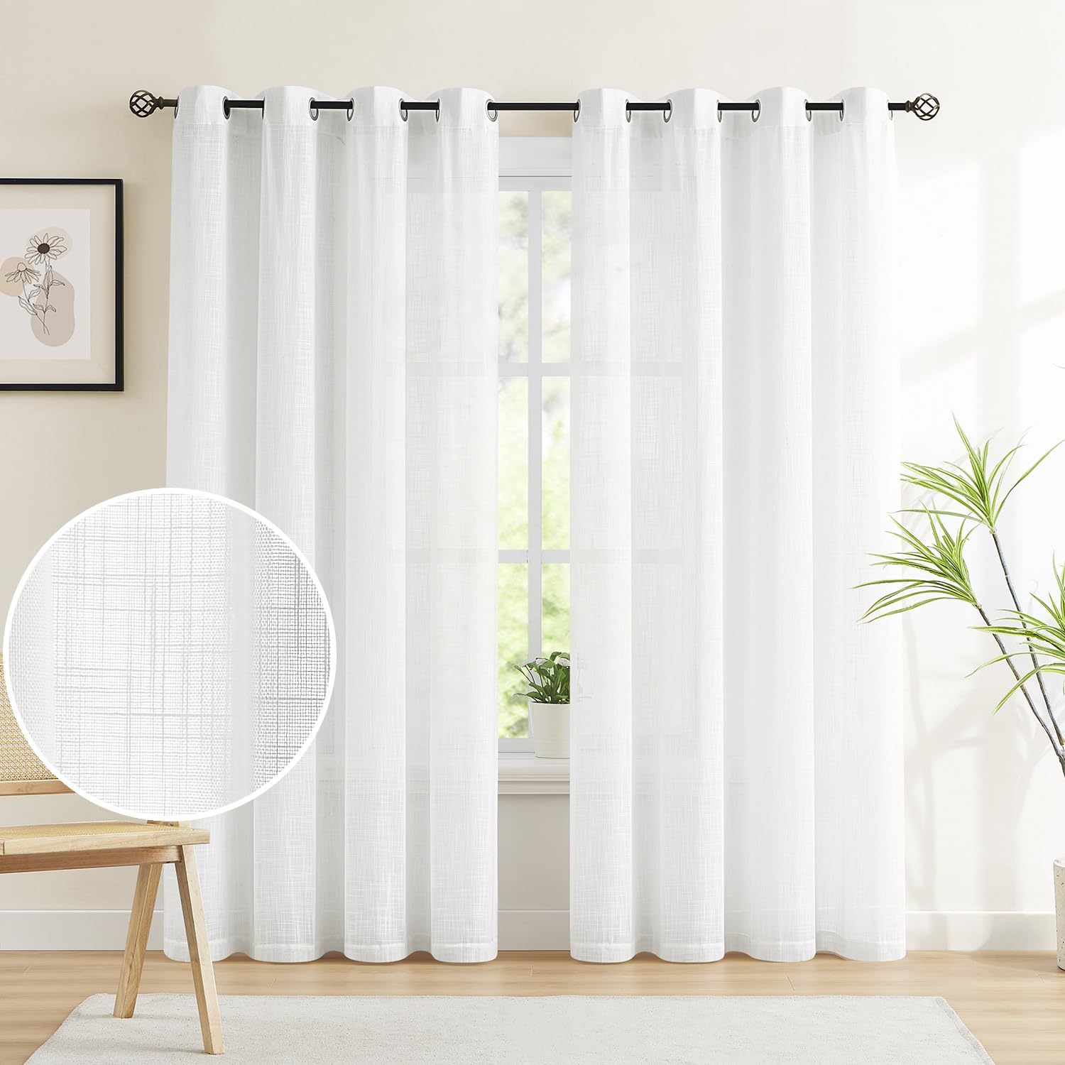 Semi-Sheer White Curtain Panels For Living Room 96 Inches Long Wrinkle Free Linen Textured Look Farmhouse Window Treatment Set F