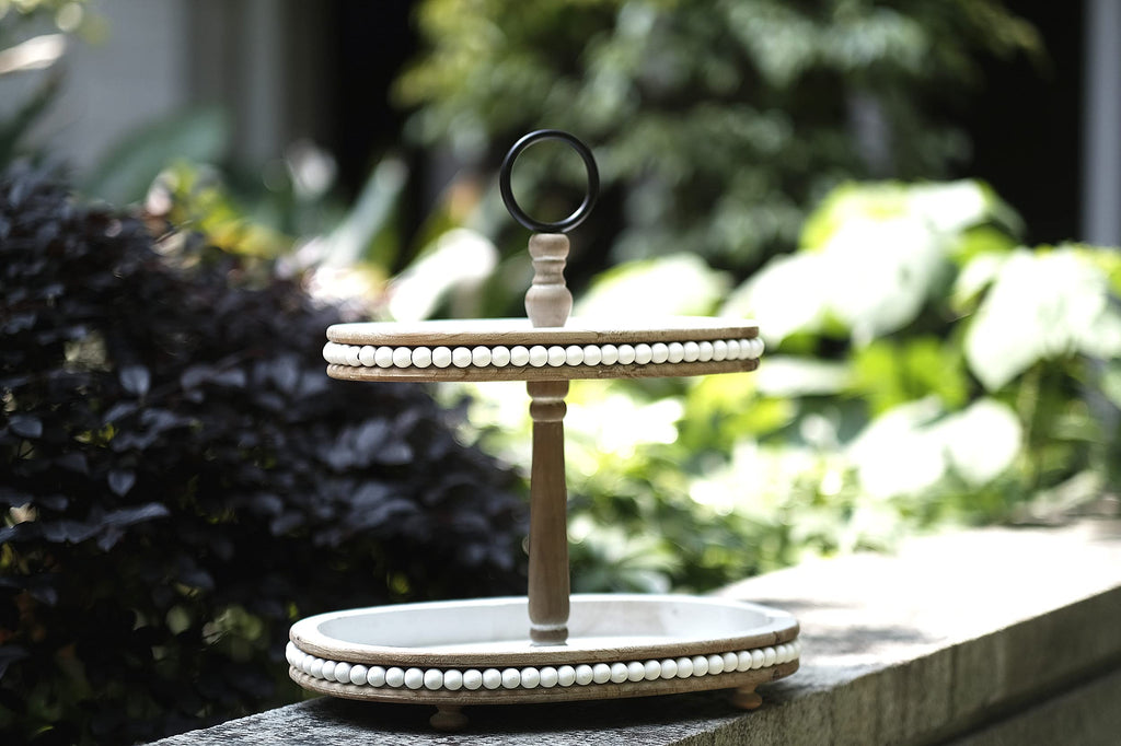 Lavender Inspired Farmhouse 2 Tiered Tray, Distressed Wood Beaded 2 Tiered Tray Stand With Metal Handle, Kitchen Island Decor, C