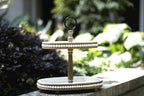 Lavender Inspired Farmhouse 2 Tiered Tray, Distressed Wood Beaded 2 Tiered Tray Stand With Metal Handle, Kitchen Island Decor, C