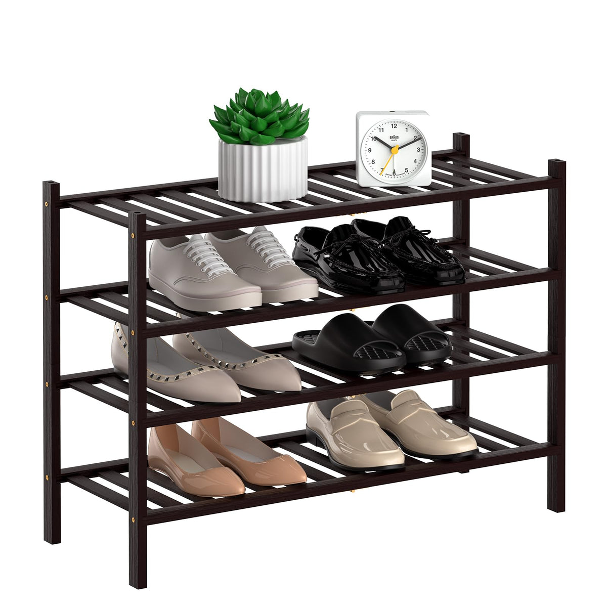 RONGJIA 4-Tier Natural Bamboo Shoe Rack - Stackable Storage Shelf with Multi-Function Combinations - Free Standing Shoe Racks fo