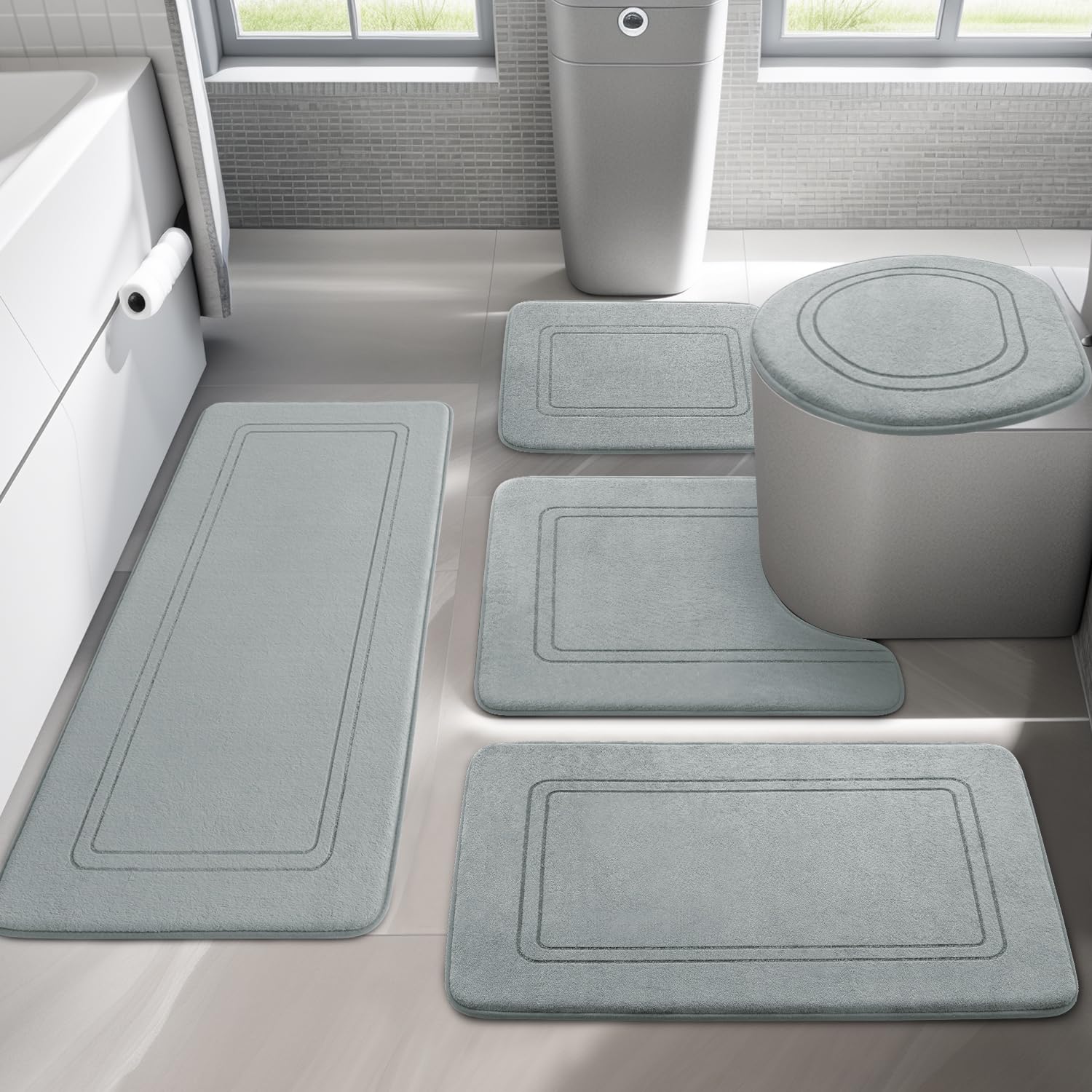 YIHOUSE Light Grey Memory Foam Bathroom Rug Set 5 Piece, Absorbent Bathroom Mat Set, NonSlip Bath Mat for Bathroom Washable Dry 