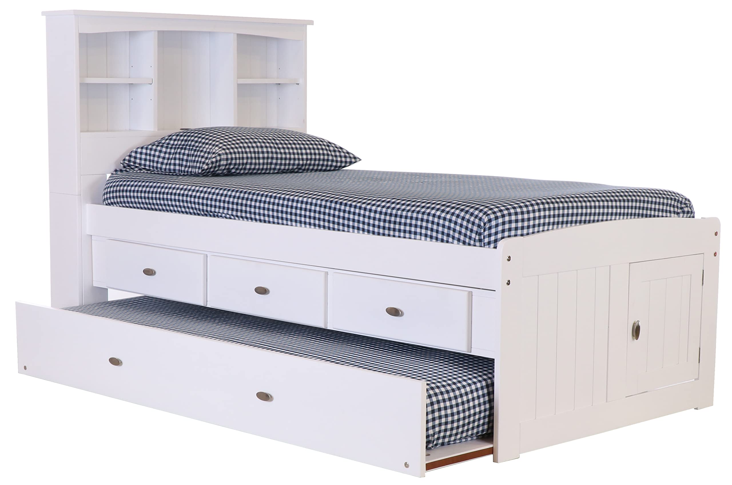 OS Home and Office Furniture Model 80220K3-22 Solid Pine Twin Captains Bookcase Bed with 3 Spacious Under Bed Drawers and a Twin Sized Trundle in Casual White